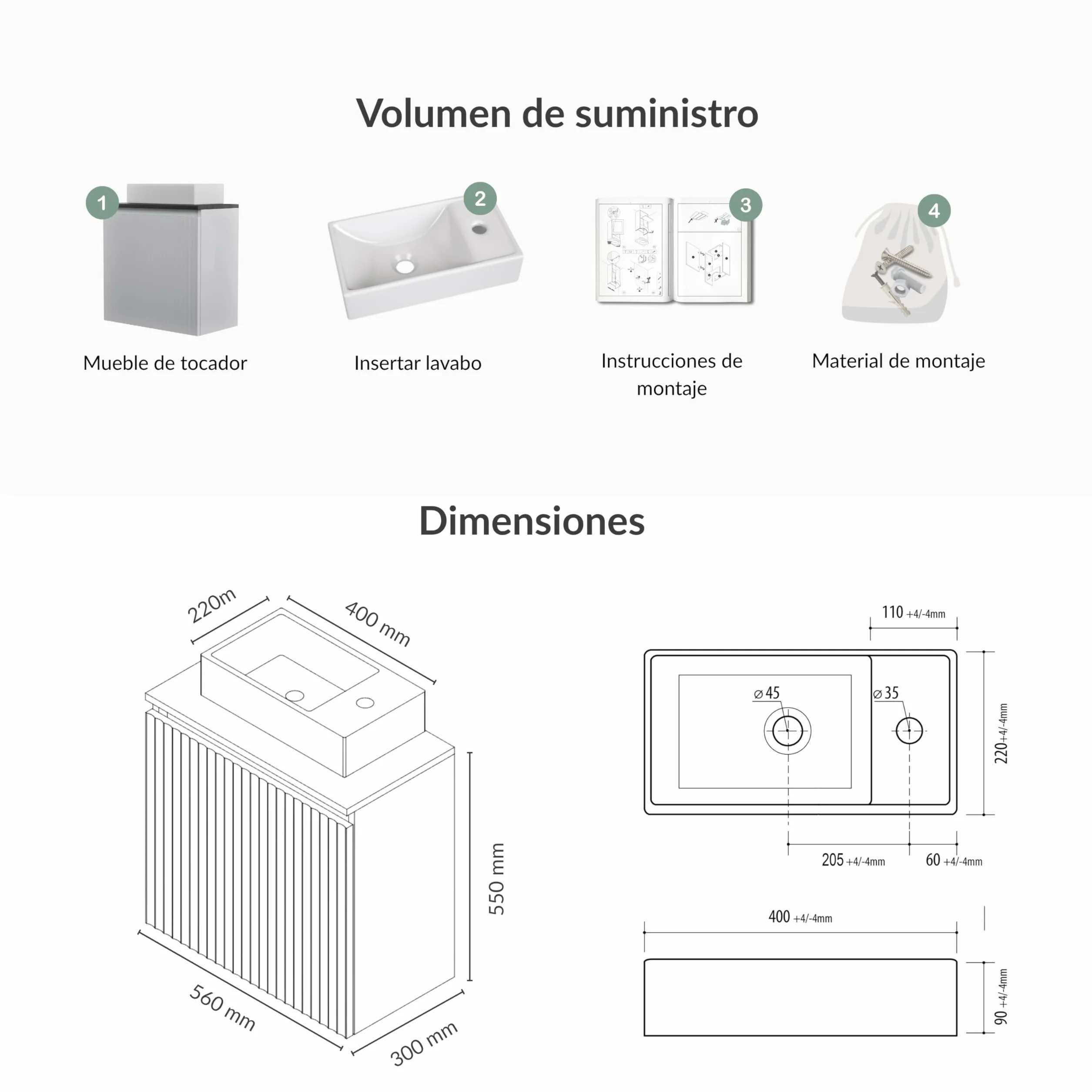 Planetmöbel Conjunto de Muebles de baño Lavabo con Mueble bajo 56 x 55 x 30 cm Blanco, Mueble bajo con Lavabo para baño, Aseo de Invitados y Cuarto