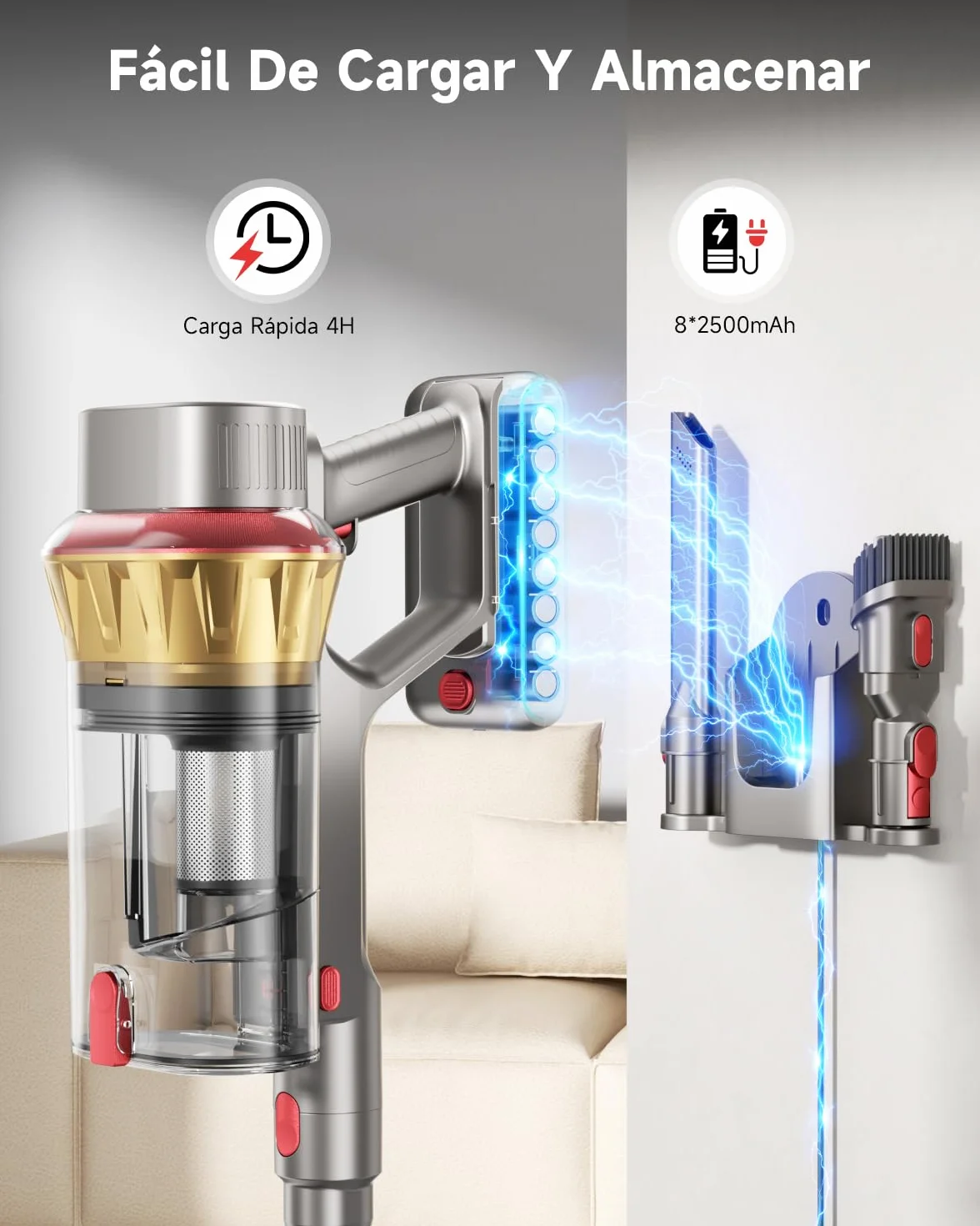 55KPa/650W Aspiradora sin Cable, Aspiradora Sin Cable Potente hasta 75Mins, con Carga de Pared Smart Screen, Cepillo Antienredos, Alfombra Pelo Mascota Suelo Sofá[Clase de eficiencia energética A+++]