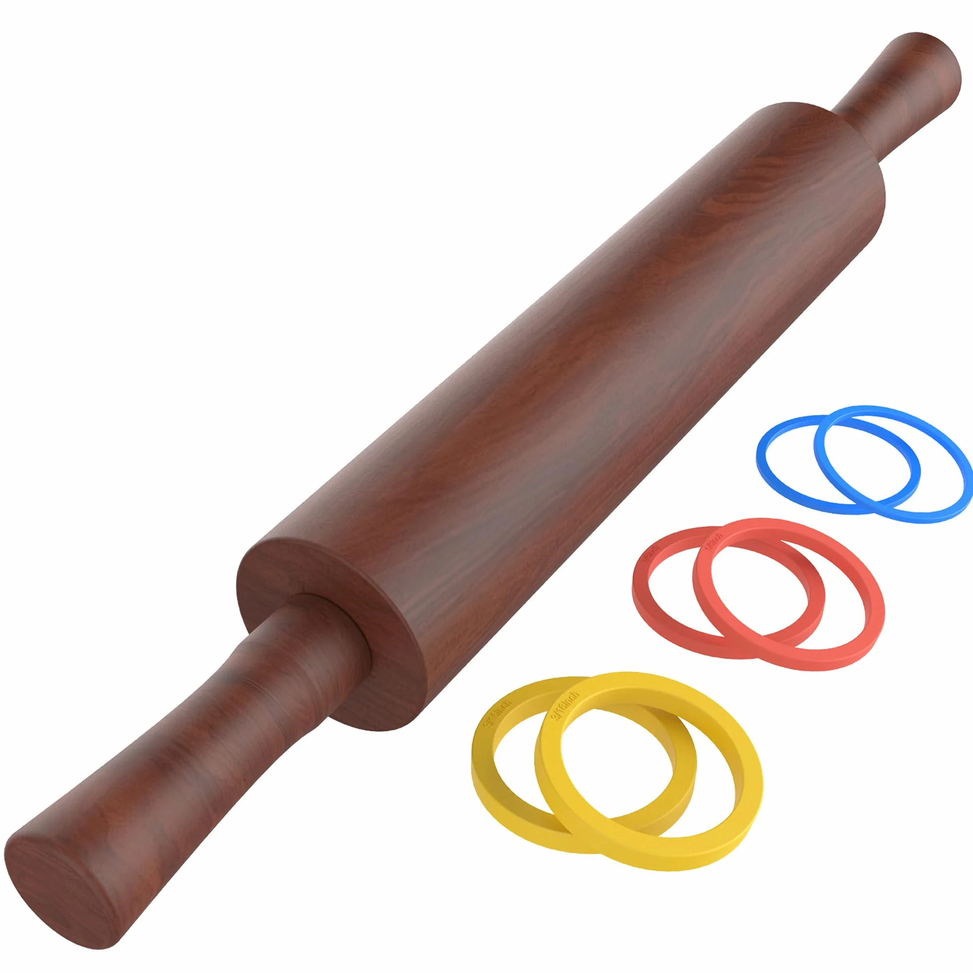 Rodillo de madera clásico con mango para fondant, pizza, pasteles, galletas, pasteles, rodillo para hornear con 3 anillos de grosor multicolor, 17 x 2.5 pulgadas (incluye asa)