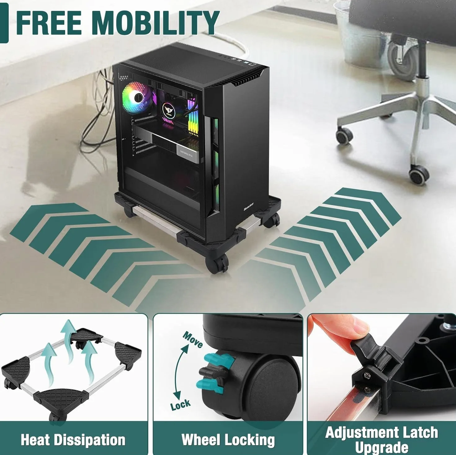 Soporte para PC bajo mesa ajustable con ruedas hasta 25kg negro