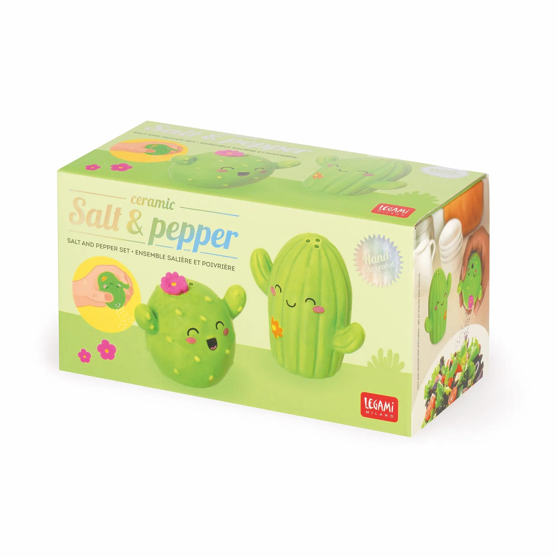 Legami - Set De Sal Y Pimienta De Cerámica, Tema Cactus, Decorados A Mano