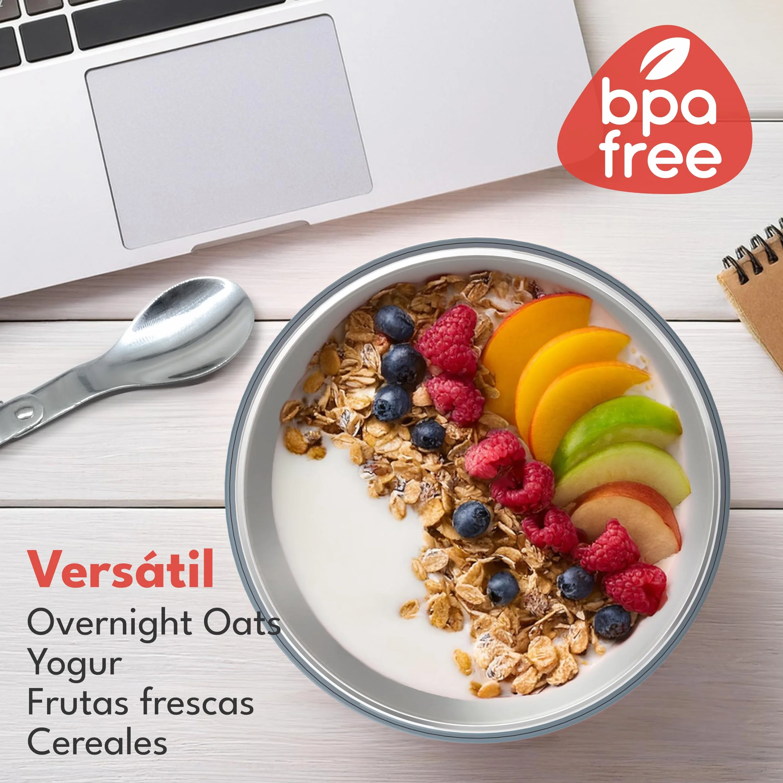 LEBENLANG Vaso Yogures & cereales para llevar con cuchara - 650ml & Pared Interior Aislante Inox I Overnight Oats Jar Tarro Cereales Tarros Yogurt Con Tapa Porta Yogur Vaso Smoothie Cereal Cup