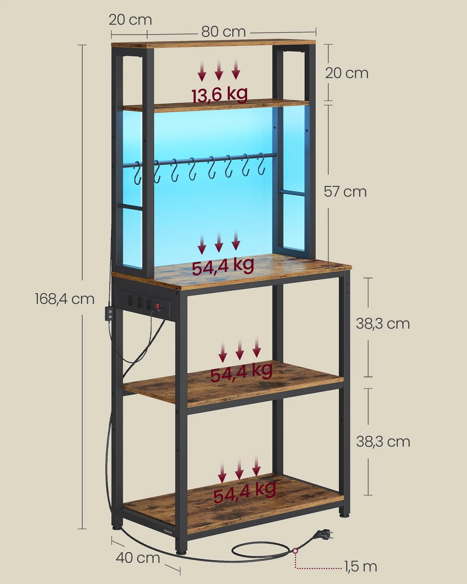 VASAGLE Estantería de Cocina con Iluminación LED, Estante para Microondas con Estantes Ajustables, 8 Ganchos, 40 x 60 x 168.4 cm, Marrón y Negro Mate