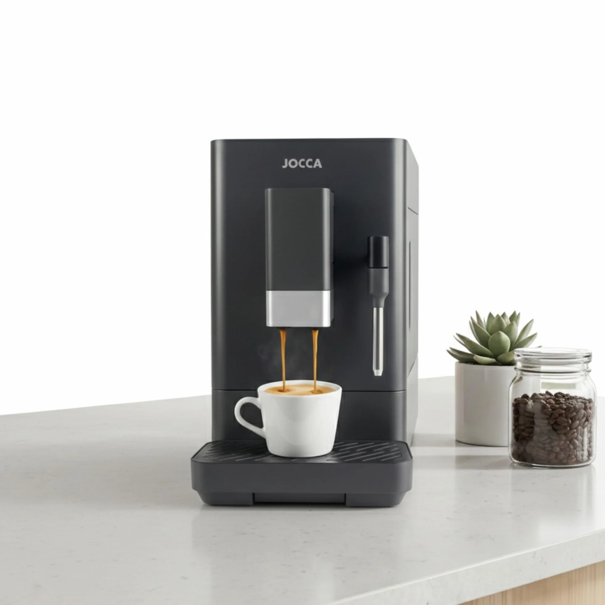 Jocca - Cafetera Superautomática 20 Bares, 1350W, Depósito 1,5L, Molinillo Integrado 15 Niveles, Vaporizador de Leche, Funciones Espresso, Doble Espresso y Americano, Sistema de Autolimpieza