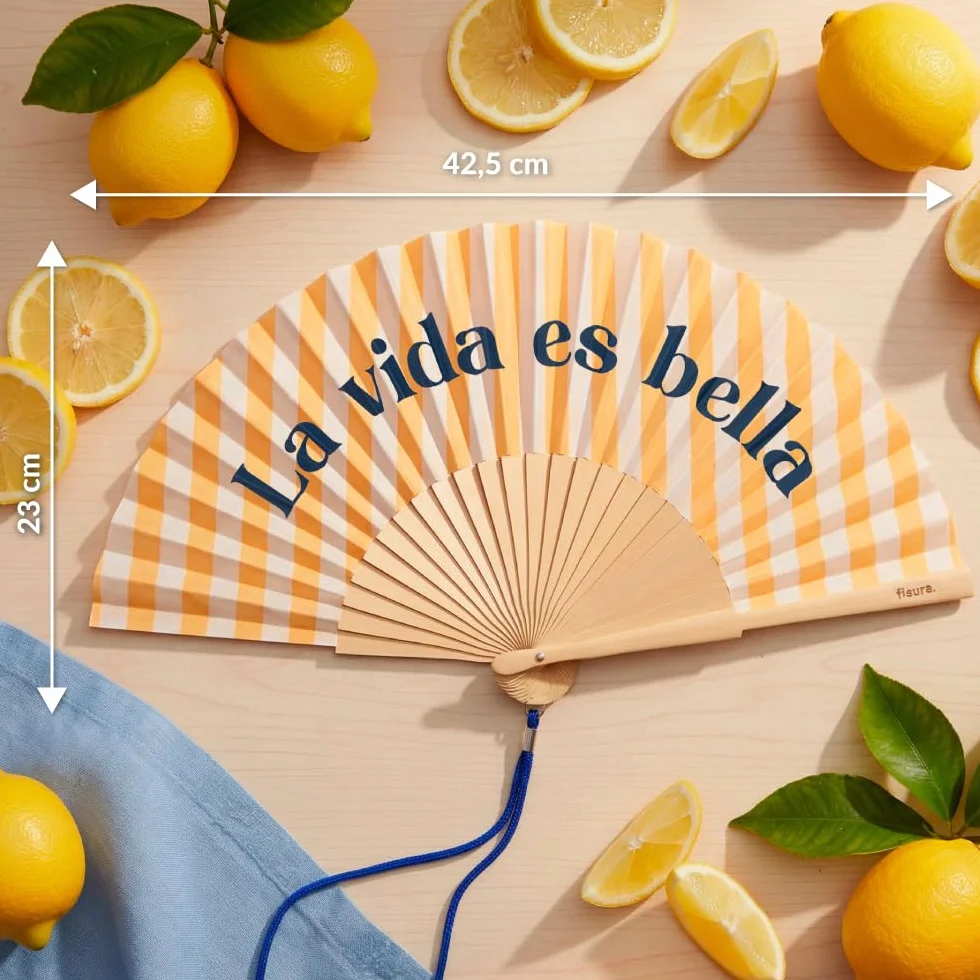 Abanico Original Fisura La Vida es Bella Madera Moderno Colorido Ventilador de Mano Amarillo Rayas 42,5 x 23 cm