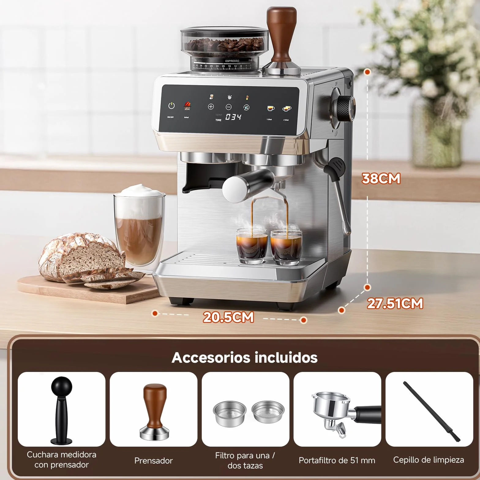 AMZCHEF Cafetera Espresso con Molinillo Integrado 20 Bares – Máquina de Café con 44 Ajustes de Molienda，Vaporizador de Leche, 4 Temperaturas, Función Café Frío, Acero Inoxidable, Depósito 1.8L