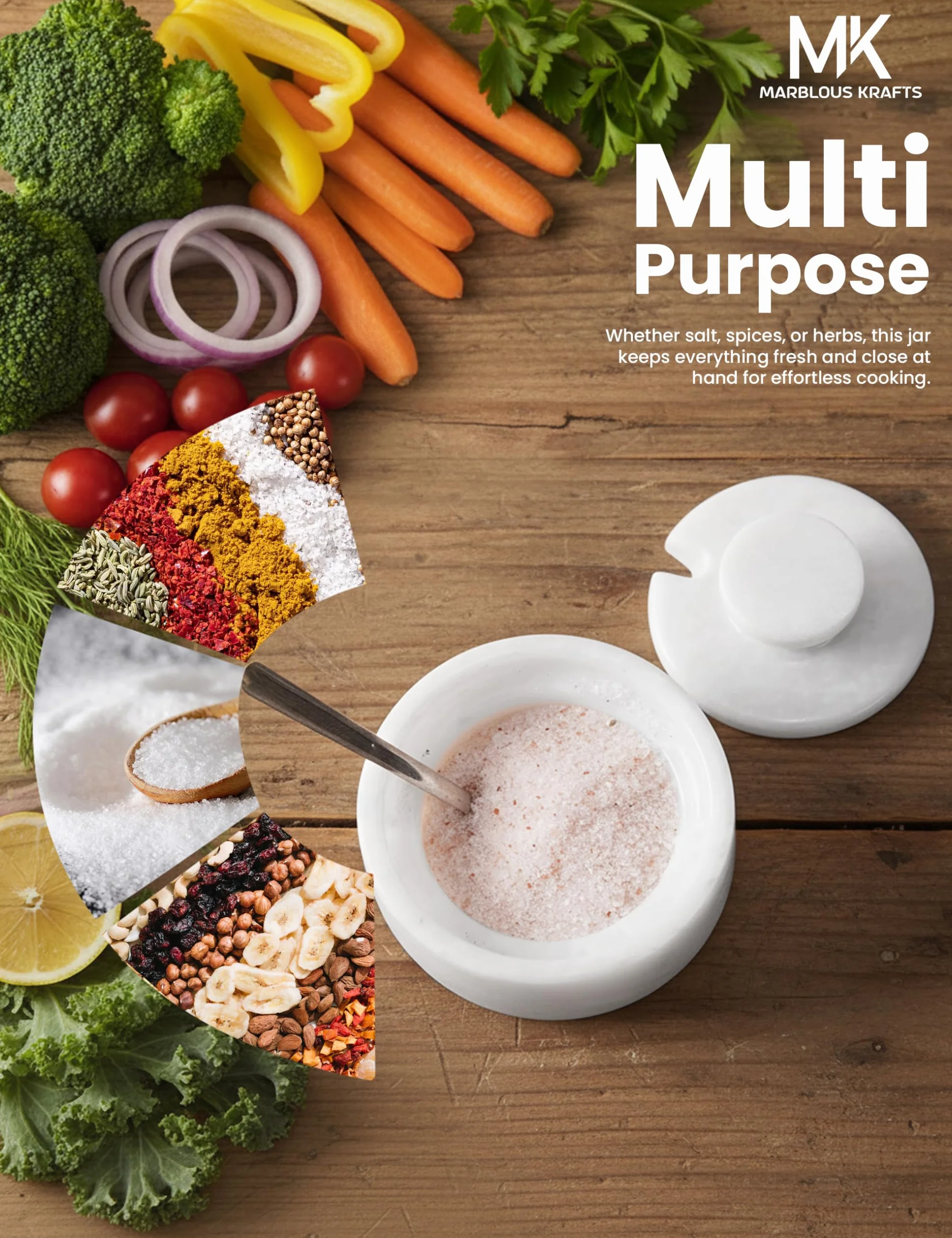 MARBLOUS KRAFTS Salero de mármol con tapa y cuchara de 3" blanco, recipiente pequeño para sal en escamas, tarro de condimentos, almacenamiento de especias para encimera, ideal para caja de sal, tarro