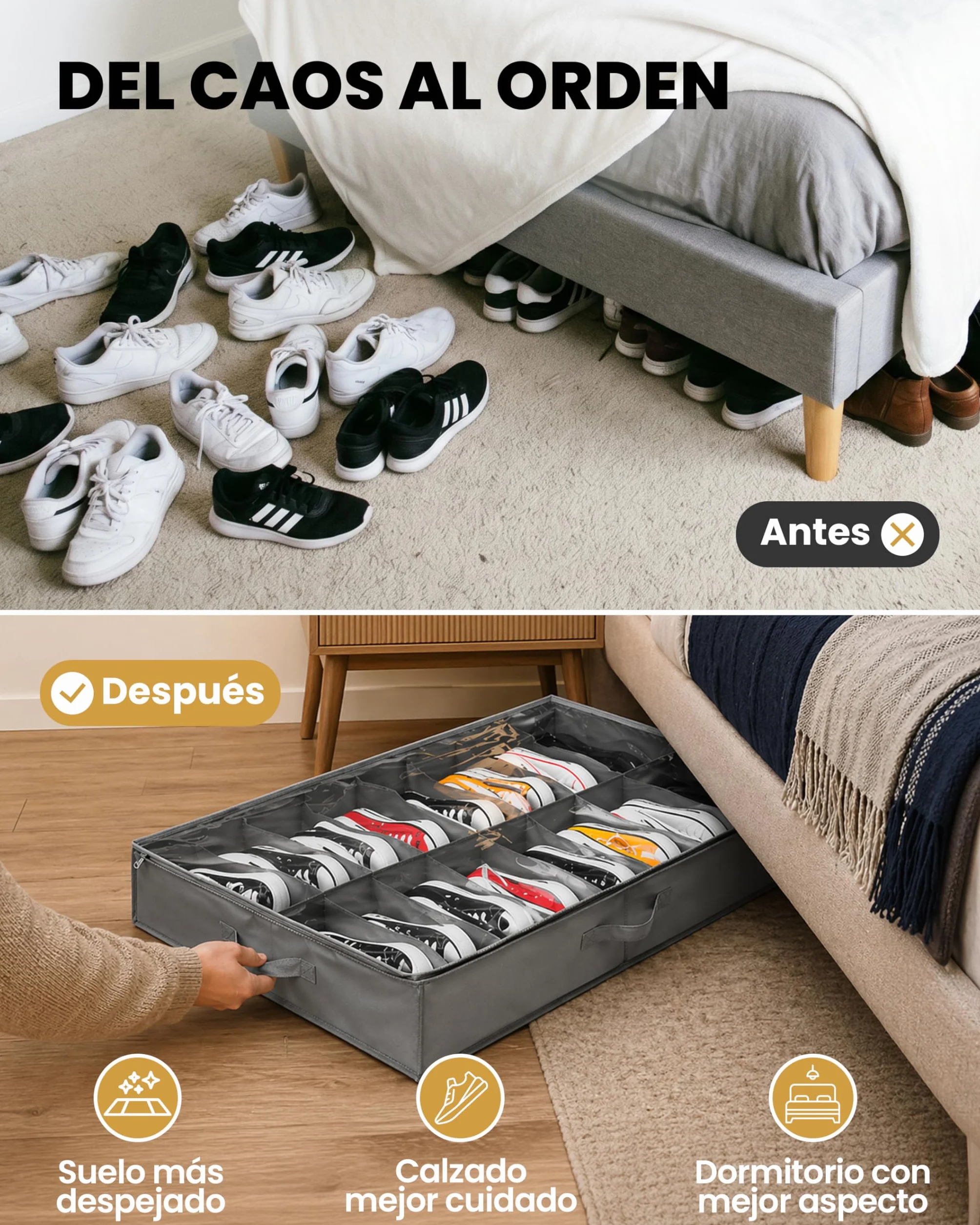 Organizadores de Zapatos Debajo de la Cama, Cajas de Almacenaje de Tela no Tejida, Plegables con Tapa Transparente de PVC y 3 Asas