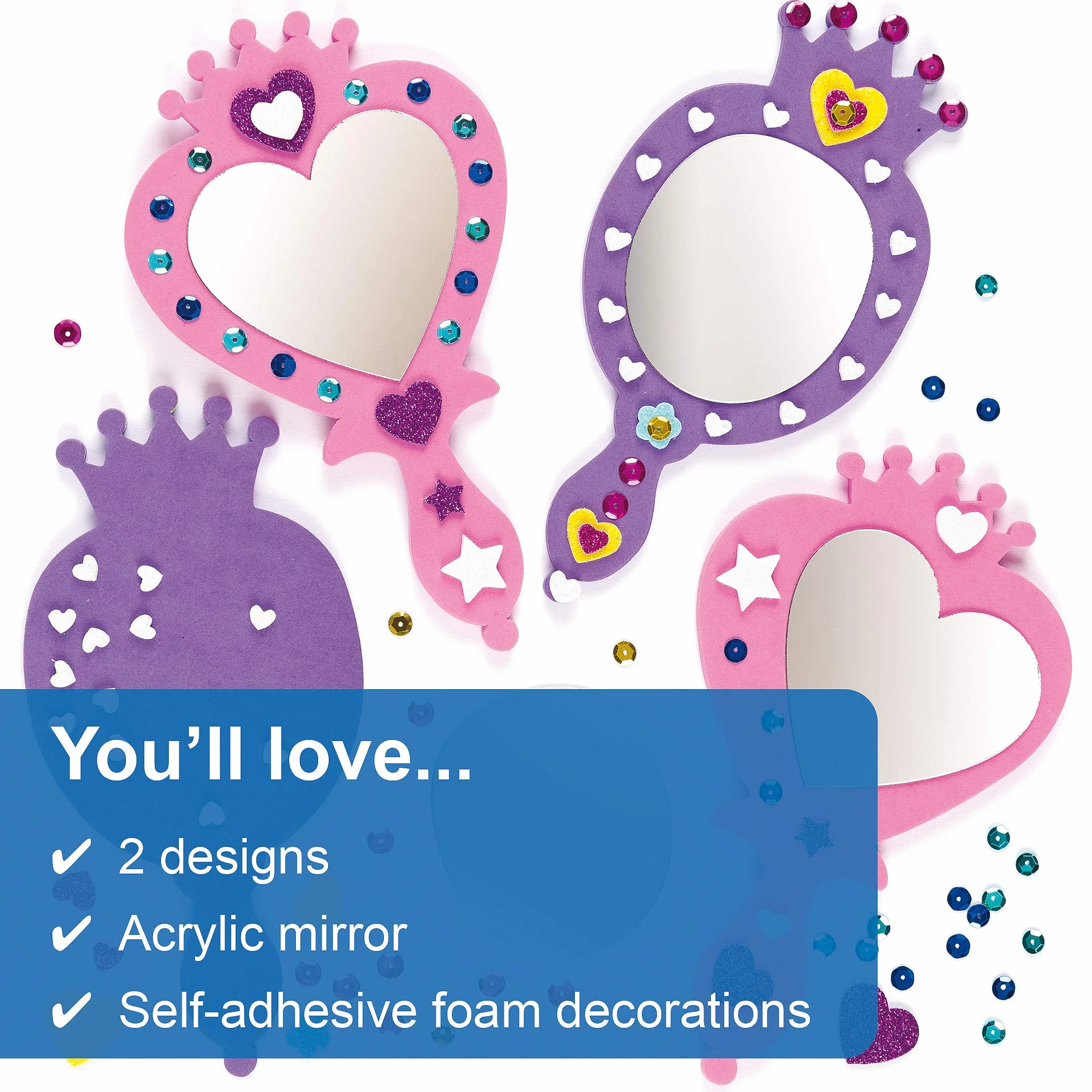 Princess Foam Mirror Kits Espejo autoadhesivo y decoraciones de espuma, actividad artesanal para niños (paquete de 4)