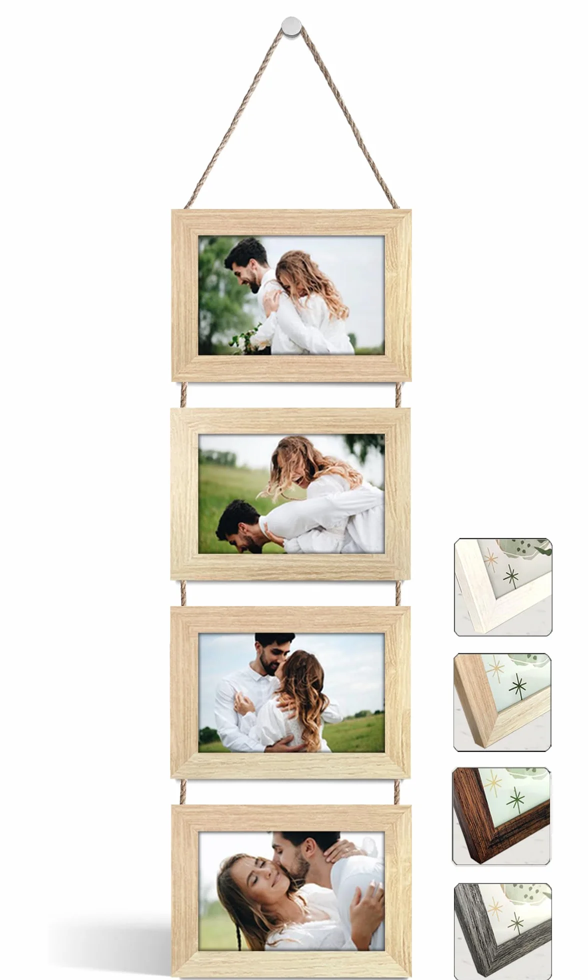 Portafotos Múltiple Decorativo Madera Cuerda Collage Colgante 4 Fotos 10x15 cm Roble Natural