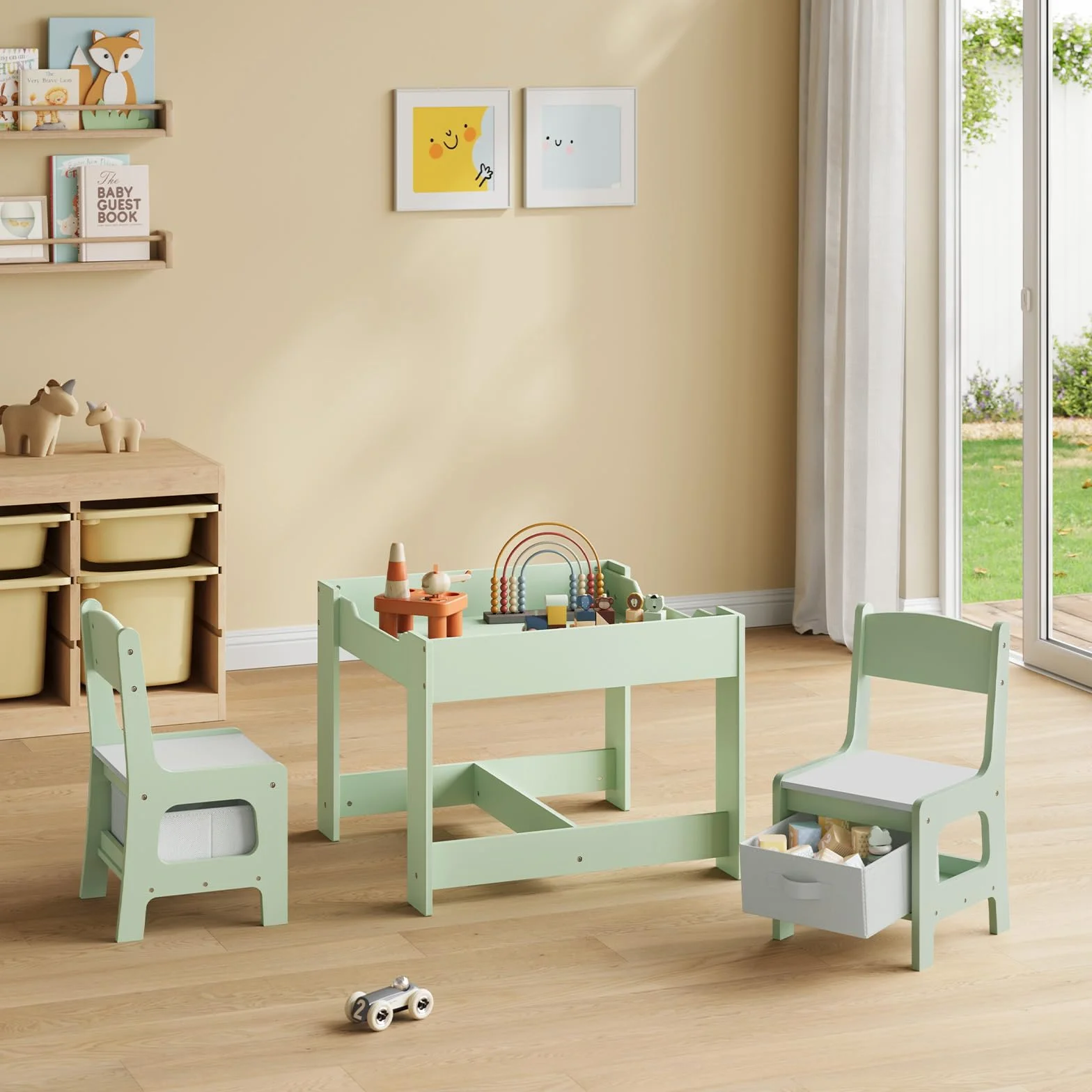 Mesa Infantil con 2 Sillas WOLTU, Mesa y Silla Niños con Almacenaje, Tablero Reversible, Madera, Verde + Blanco