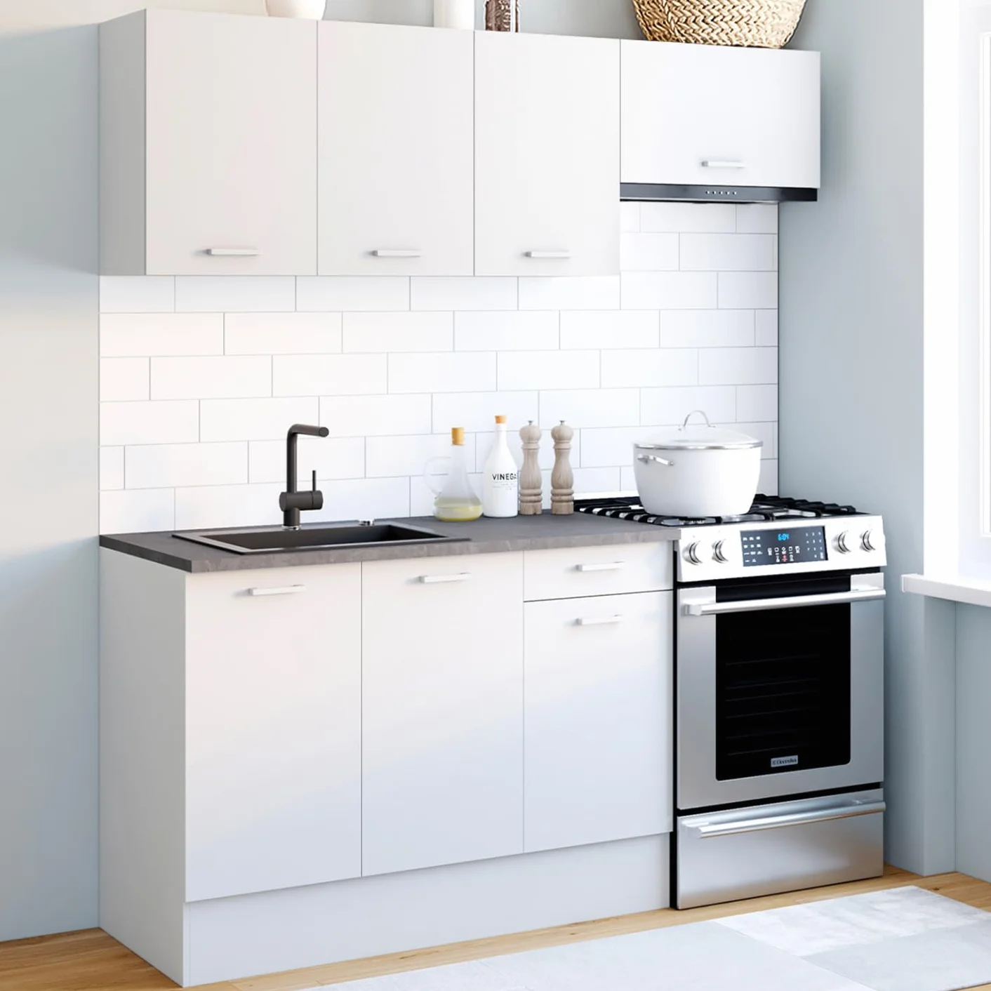 IDMarket - Cocina completa 180 cm sutil con encimera 5 elementos blanco y bandejas de hormigón