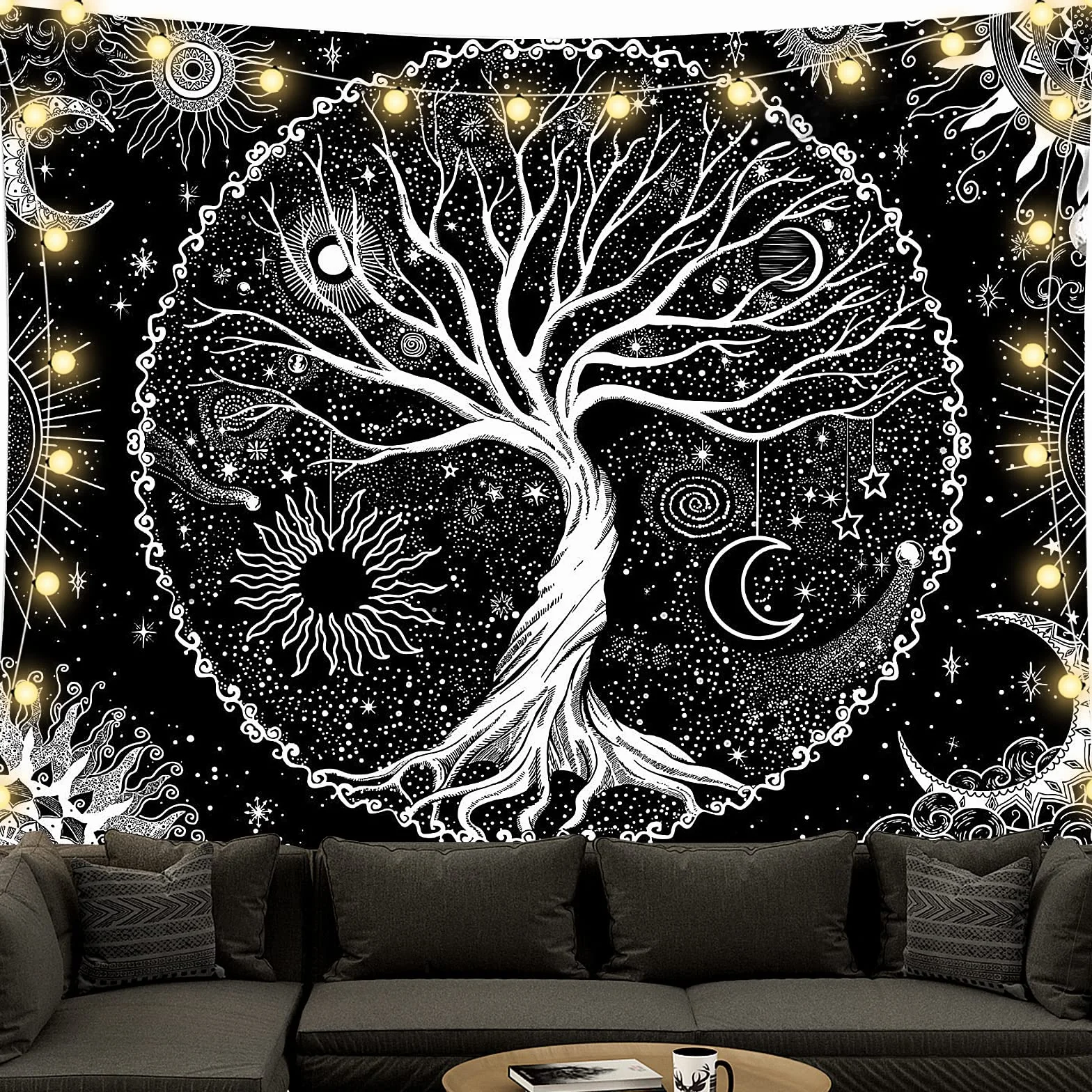BOZILY Tapiz de pared Árbol de la Vida Blanco y Negro Fases Luna 150x200 cm