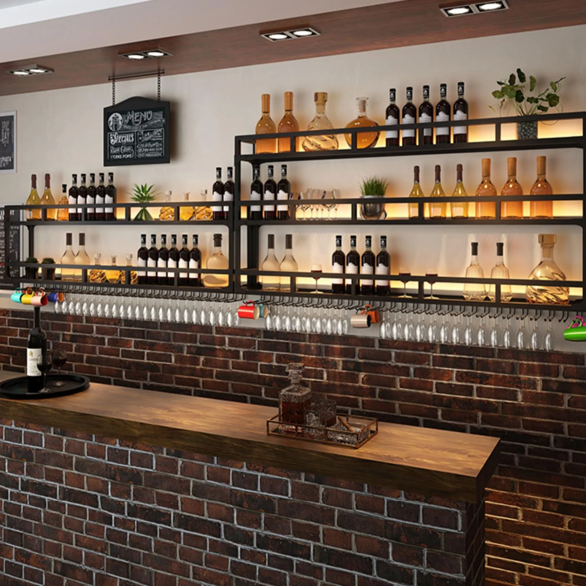 Botellero Vino Pared con Luz Mueble Bar Garrafeira Mini Bar Wine Rack Mueble Comedor Cocina con Soporte Copas Colgante Estantes de Almacenamiento para Bar Sala de Estar y Cocina(Black,2 LAYERS_150CM(5