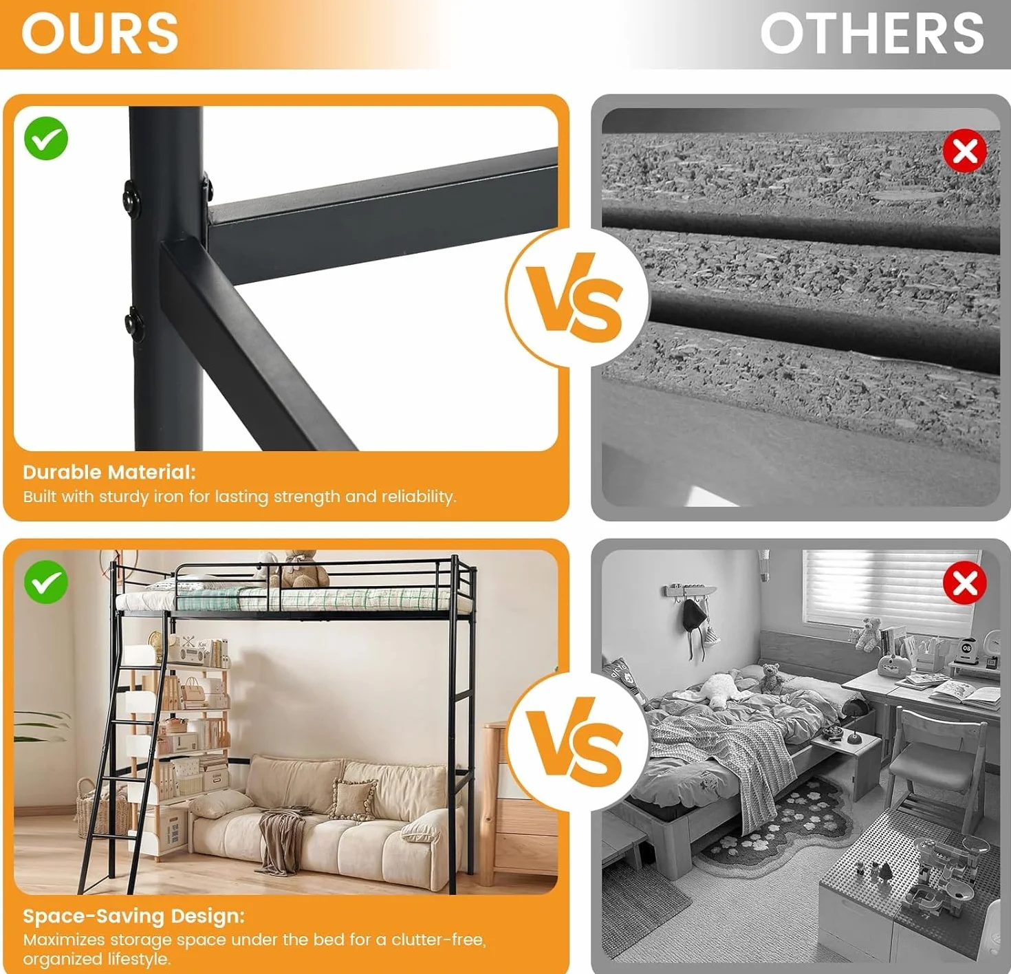 DORAFAIR Cama Alta 90x200 cm Metal con Escalera, Barandillas Seguridad, Negro