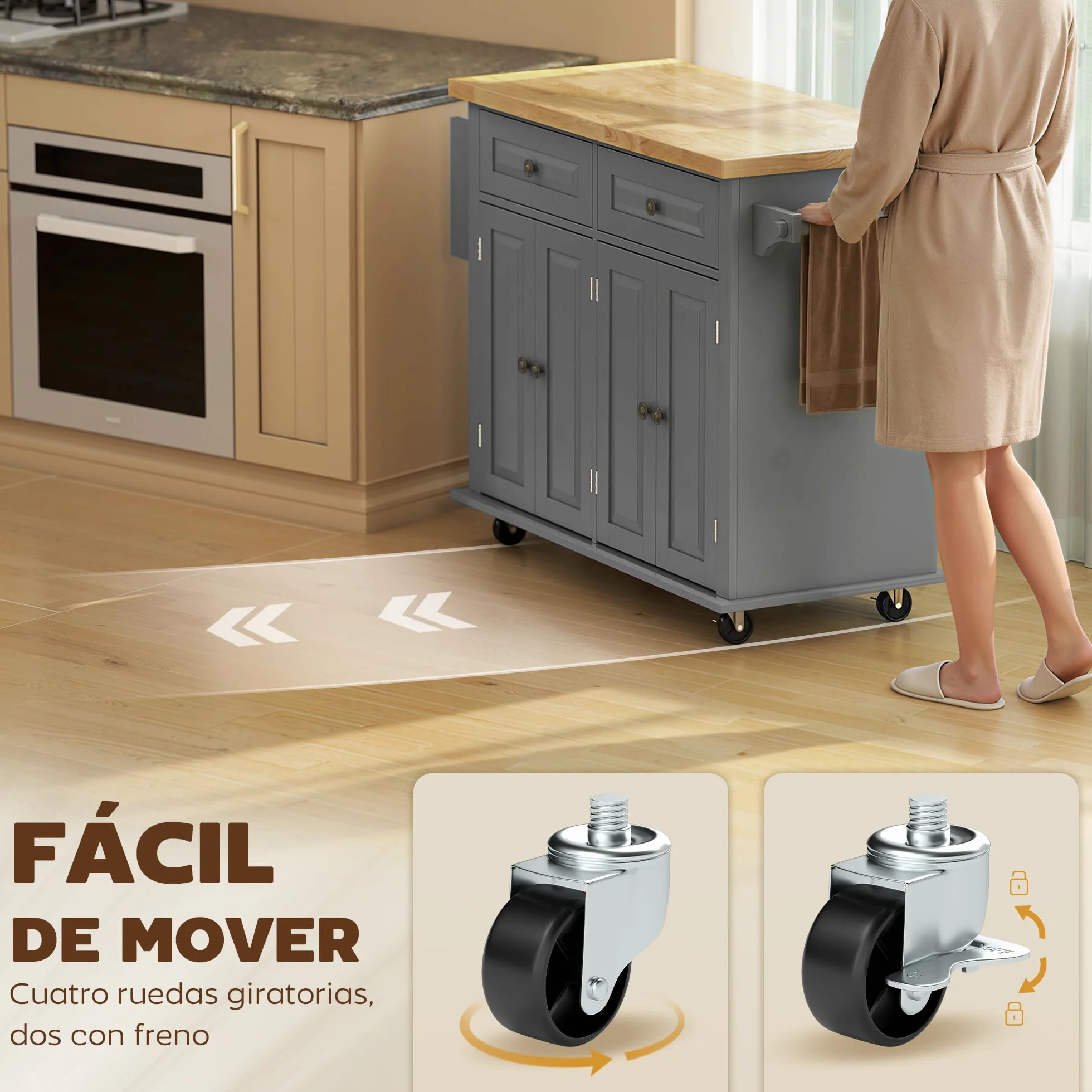 HOMCOM Isla de Cocina con Ruedas Carro de Cocina con 2 Cajones 4 Puertas Especiero Encimera de Madera Estante Ajustable y Barra Lateral para Comedor 111x44,5x82,5 cm Gris