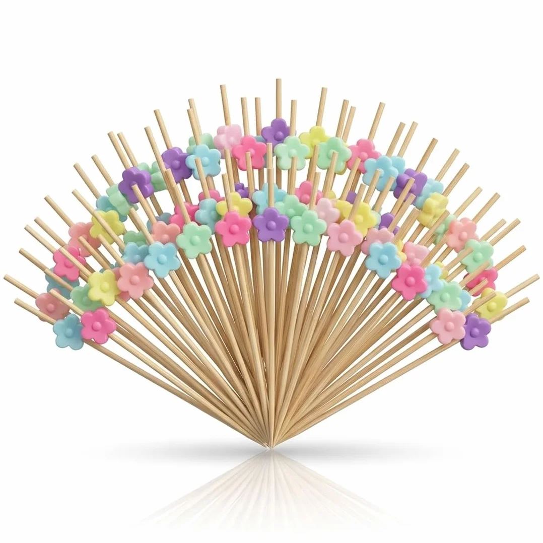 100 brochetas de bambú para fruta, palillos de cóctel, diseño floral rosa de 12 cm, adecuadas para fiestas, bufés y decoración de frutas y postres.