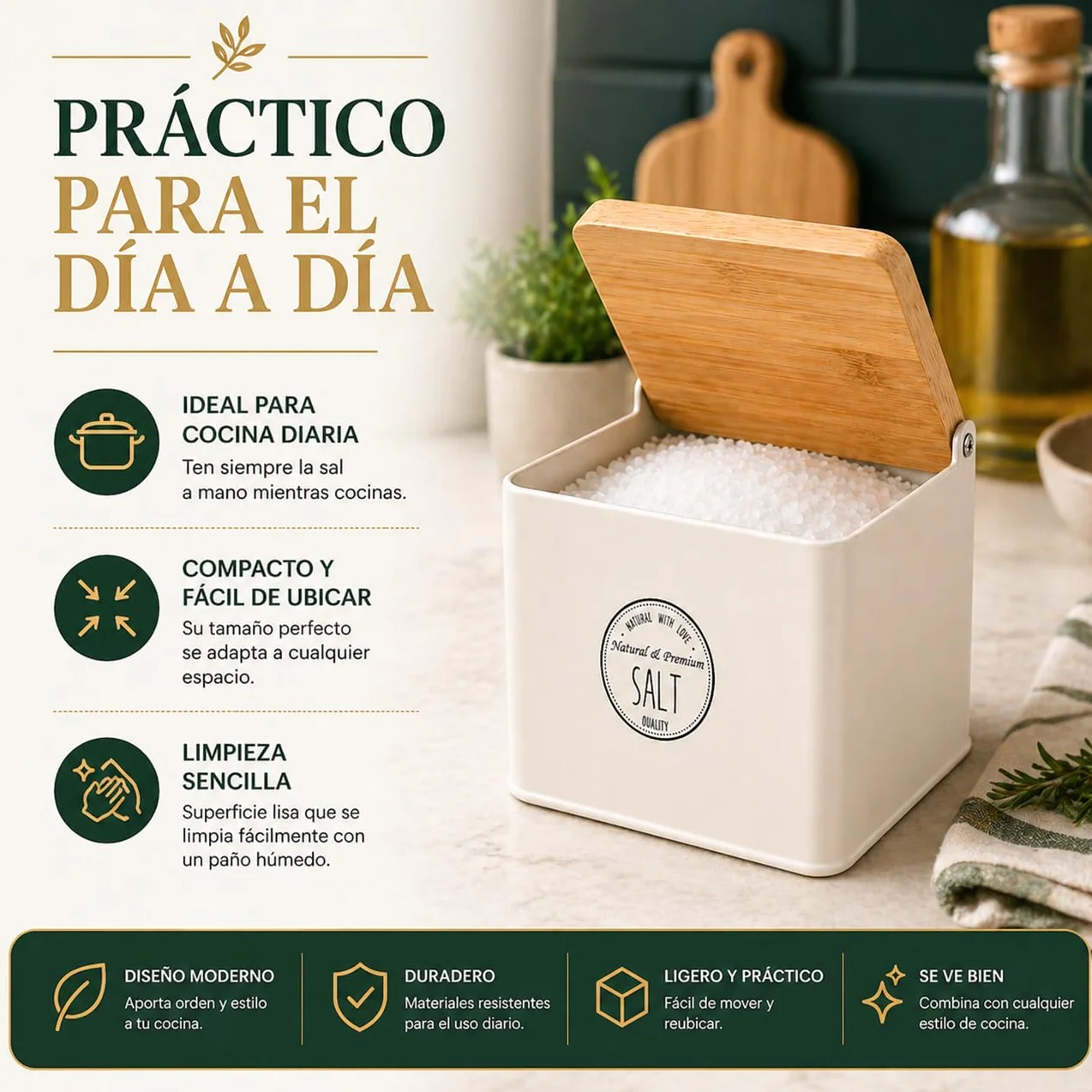 TIENDA EURASIA – Salero de Cocina con Tapa de Bambú | Recipiente para Sal | Diseño Moderno | 11x14x11 cm | Estructura Metálica | Tapa Abatible | Ideal para Cocina y Mesa (Crema)