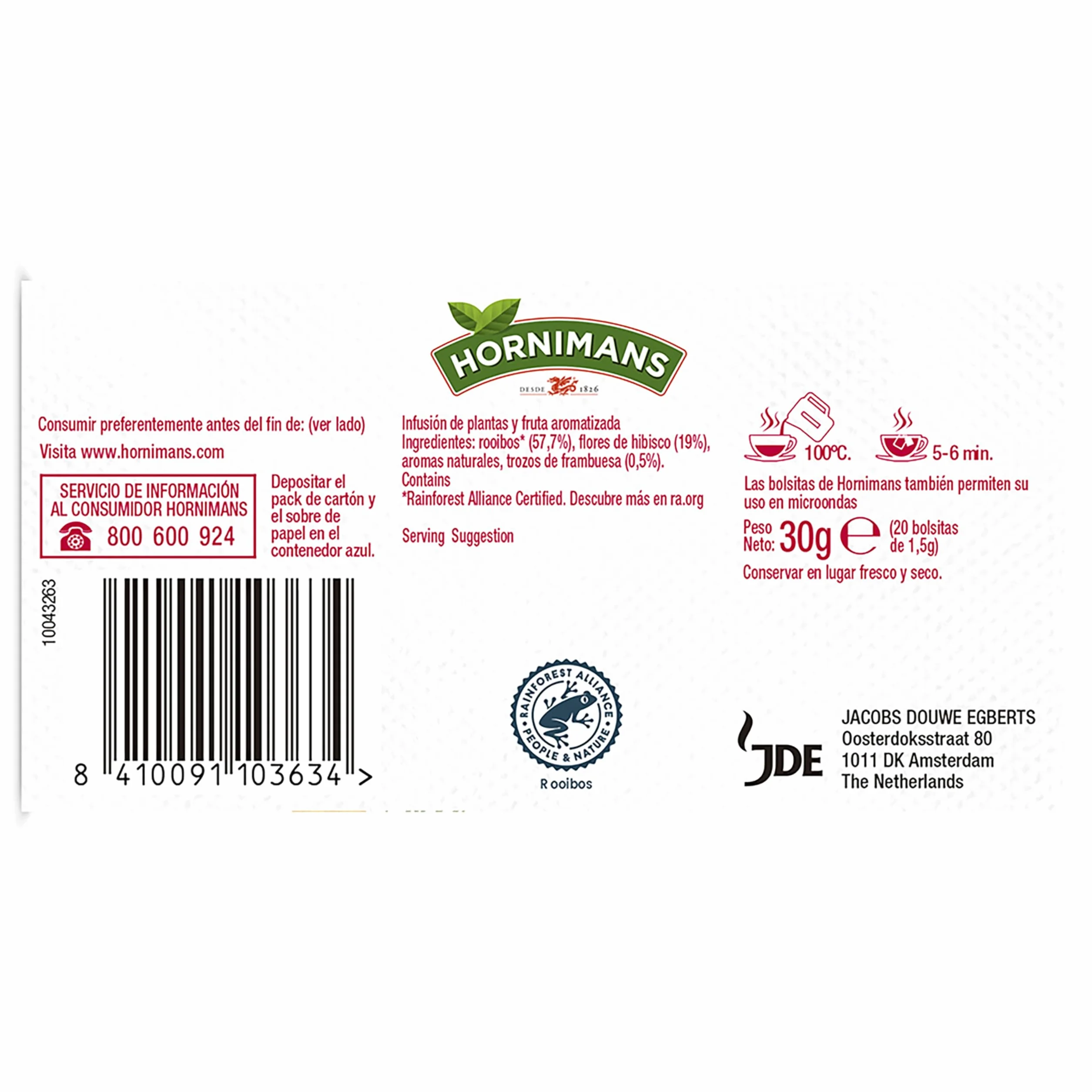 Hornimans Infusión de Frambuesa Rooibos 100% Natural 20 bolsitas Sin Teína