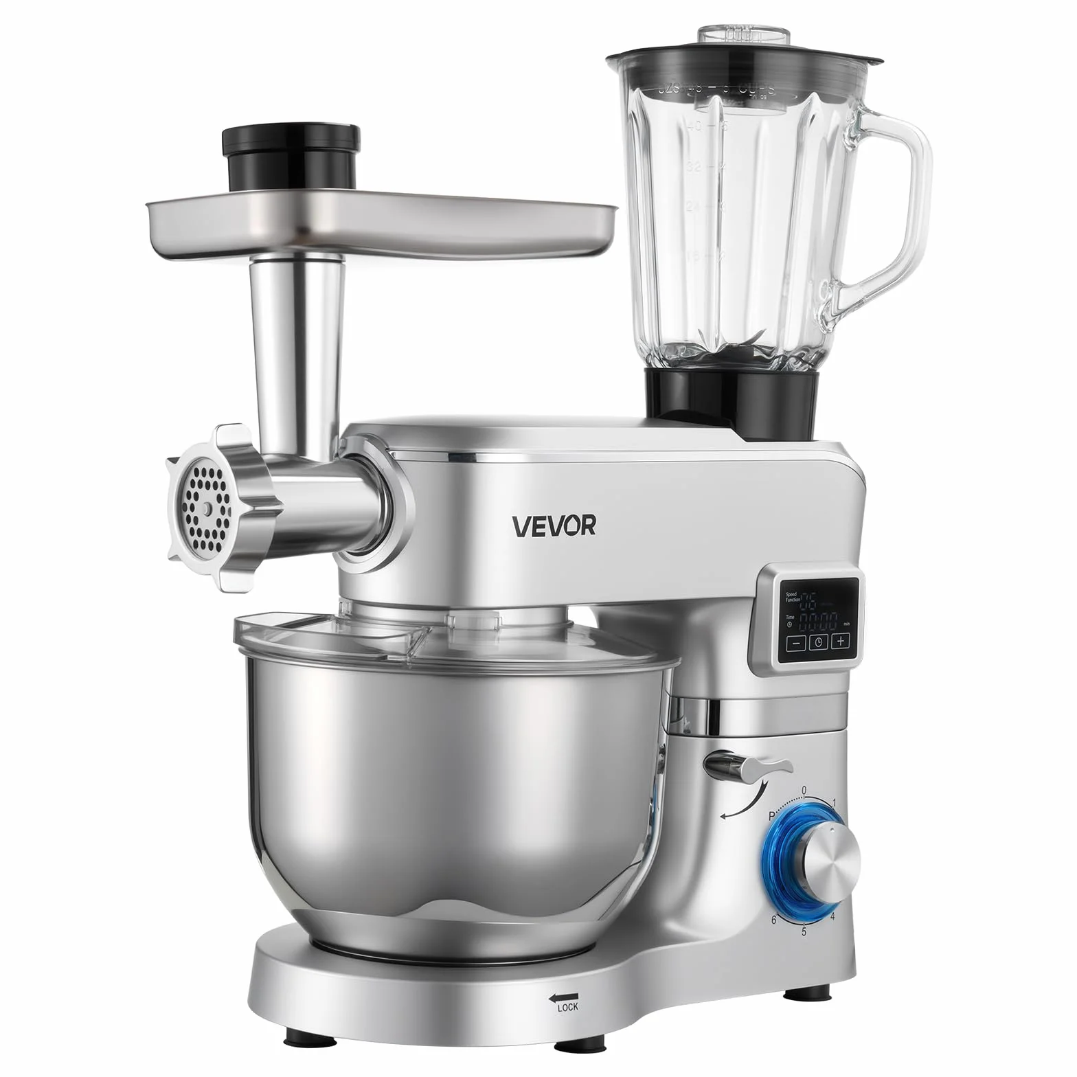 VEVOR Procesador de Alimentos Eléctrico Multifuncional de 1500 W, con Bol de Acero Inoxidable 5,7 L y Bol para Mezclar 1,5 L, 6 Velocidades + P, Gancho para Amasar, Batidor de Varillas y el Plano