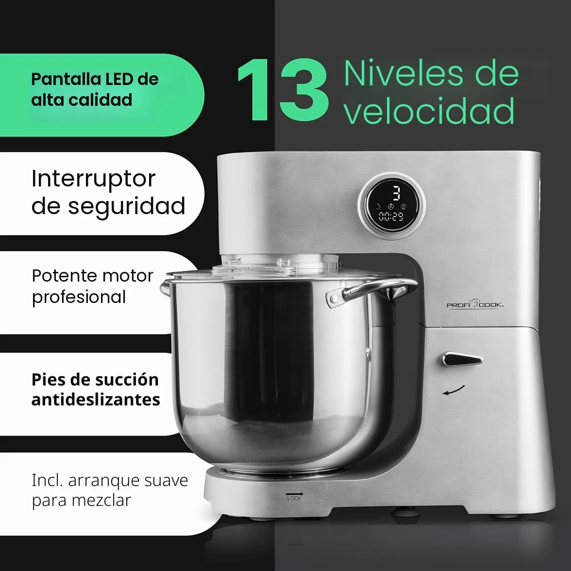 ProfiCook® robot de cocina | XXL | 12L bol | amasadora | motor 2500W | engranaje metálico | pantalla LED | robot de cocina | para hasta 8,5 kg de masa | 13 velocidades | PC-KM 1254 acero inoxidable