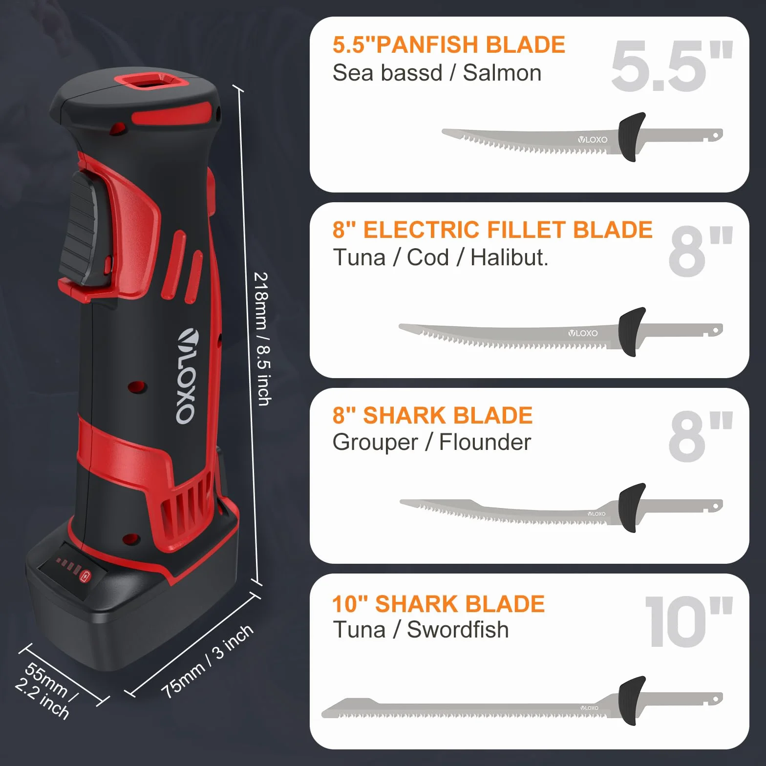 VLOXO Cuchillo Electrico Cocina Inalámbrico para Filetear con 4 Cuchillas de Acero Inoxidable Cuchillos Cocina Eléctrico Recargable con Bloqueo de Seguridad Cuchillos Carne Mango Antideslizante