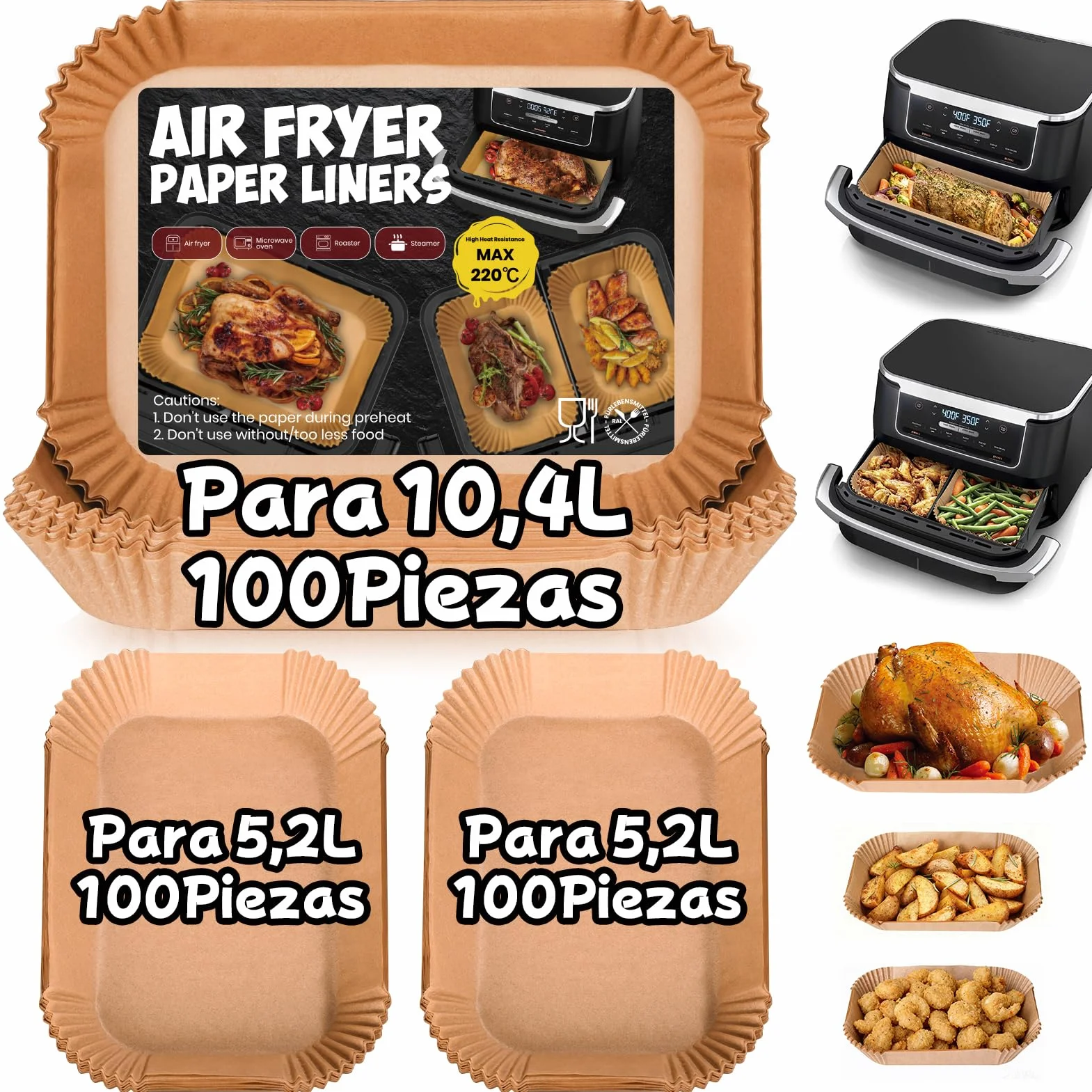 300 Piezas Papel Freidora Aire para Ninja Foodi Flexdrawer 10,4L,Papel Para Freidora de Aire Dual Zone,Accesorios para Airfryer Ninja AF500EU AF500EUCP,Cosori Dual Blaze TwinFry 10L,Cecotec 9L 10L 11L