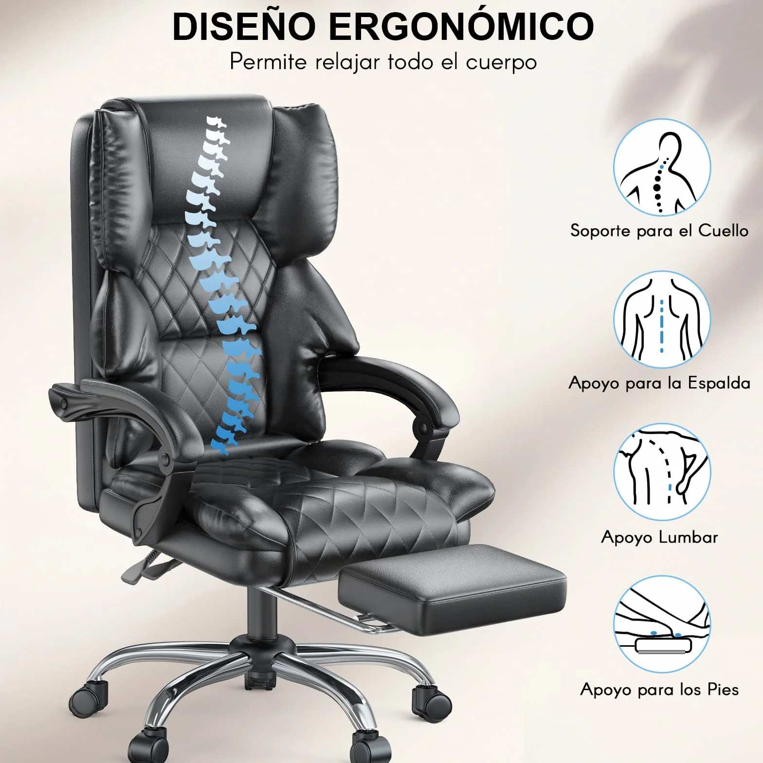 Silla de Oficina Ergonómica de Cuero PU con Reposapiés, Giratoria con Inclinación, Negro