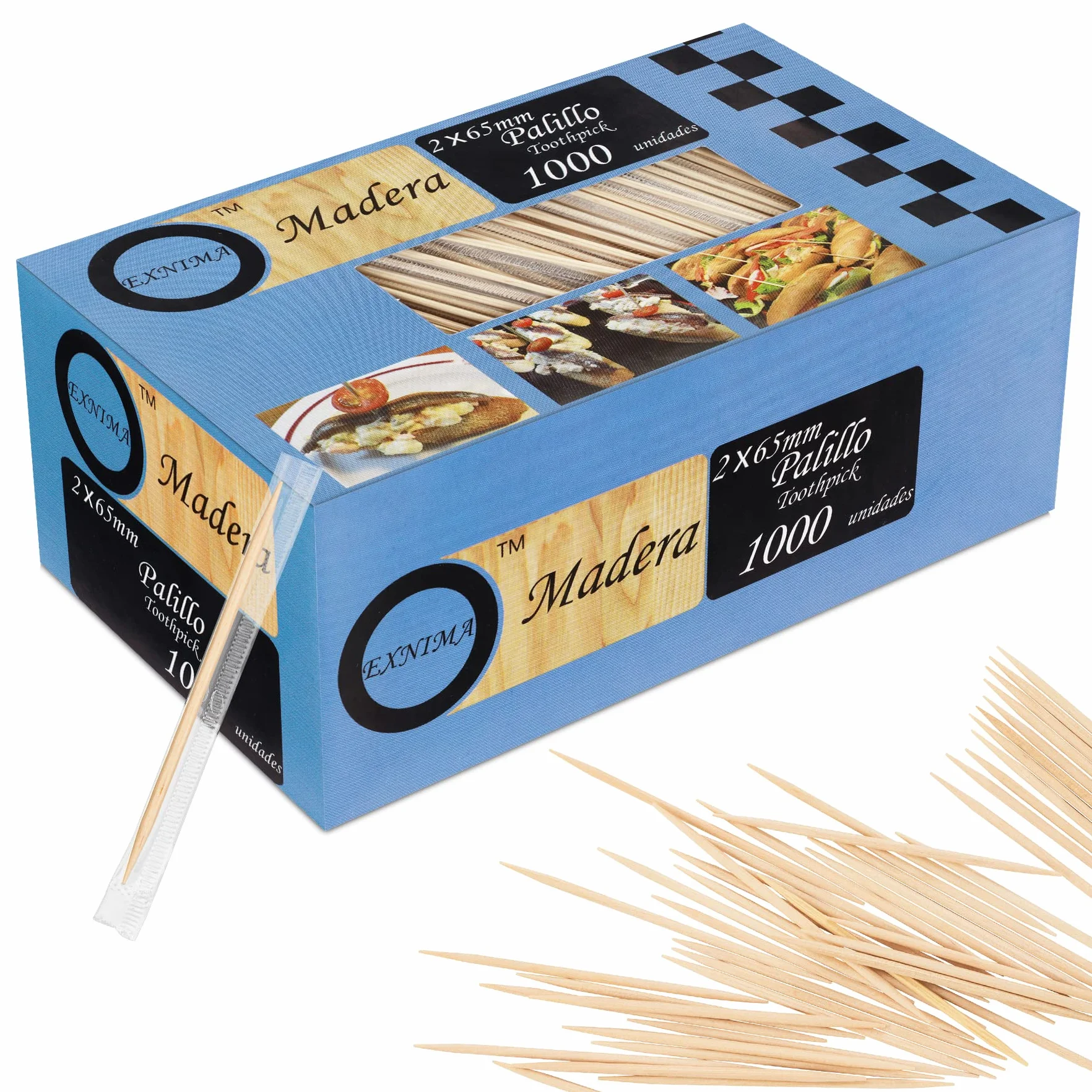 Palillos de Madera Redondos con Protección de Plástico, Pack 1000, 2000, 4000 o 6000, Palillos de Dientes Higiénicos, 6.5cm Largo, Pincho de Aperitivos o Manualidades, en Bolsa de Plástico.