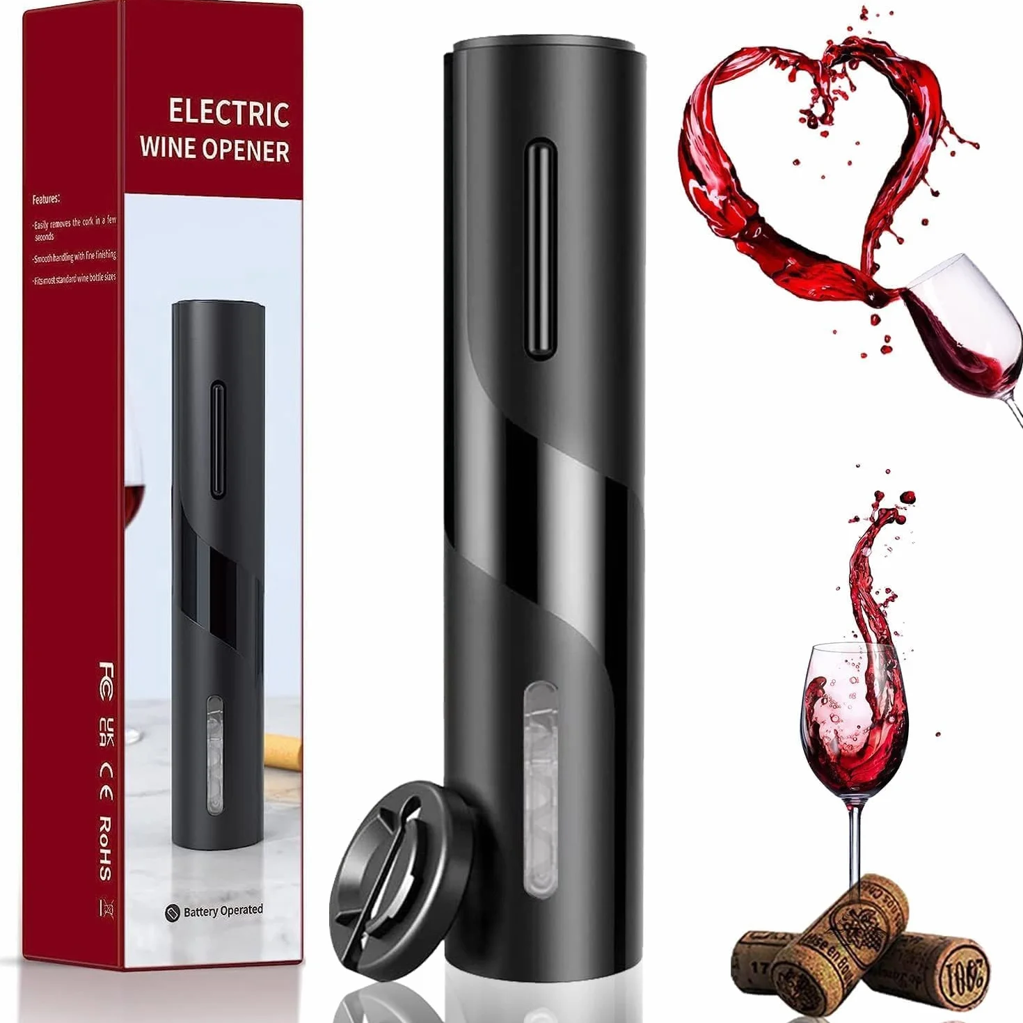 Sacacorchos Eléctrico a Pilas, Abrebotellas Automático Inalámbrico, Abridor de Vino Automático Profesional, con Cortacápsulas, Regalo para Amantes del Vino, Negro
