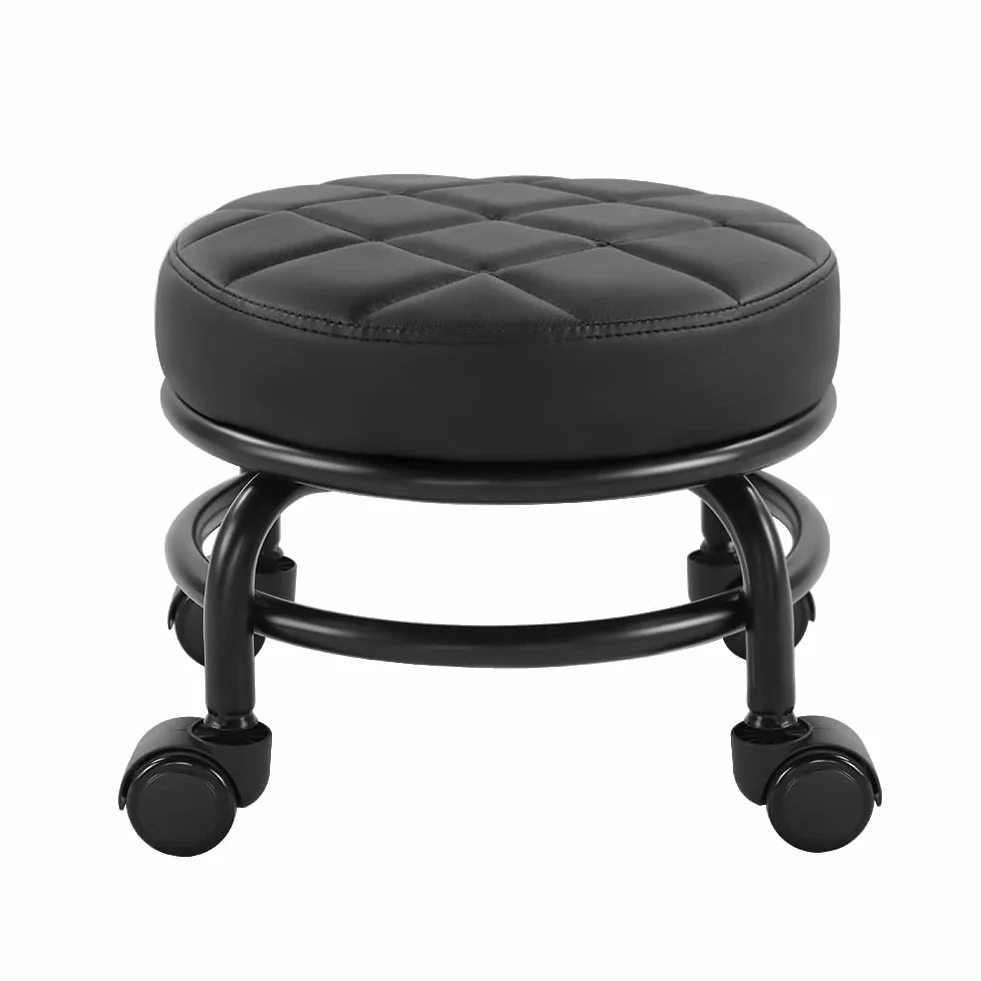 FURWOO Roller Seat PU Leather Low Round Rolling Stool Taburete de Piso con Ruedas universales H 25.5cm Negro