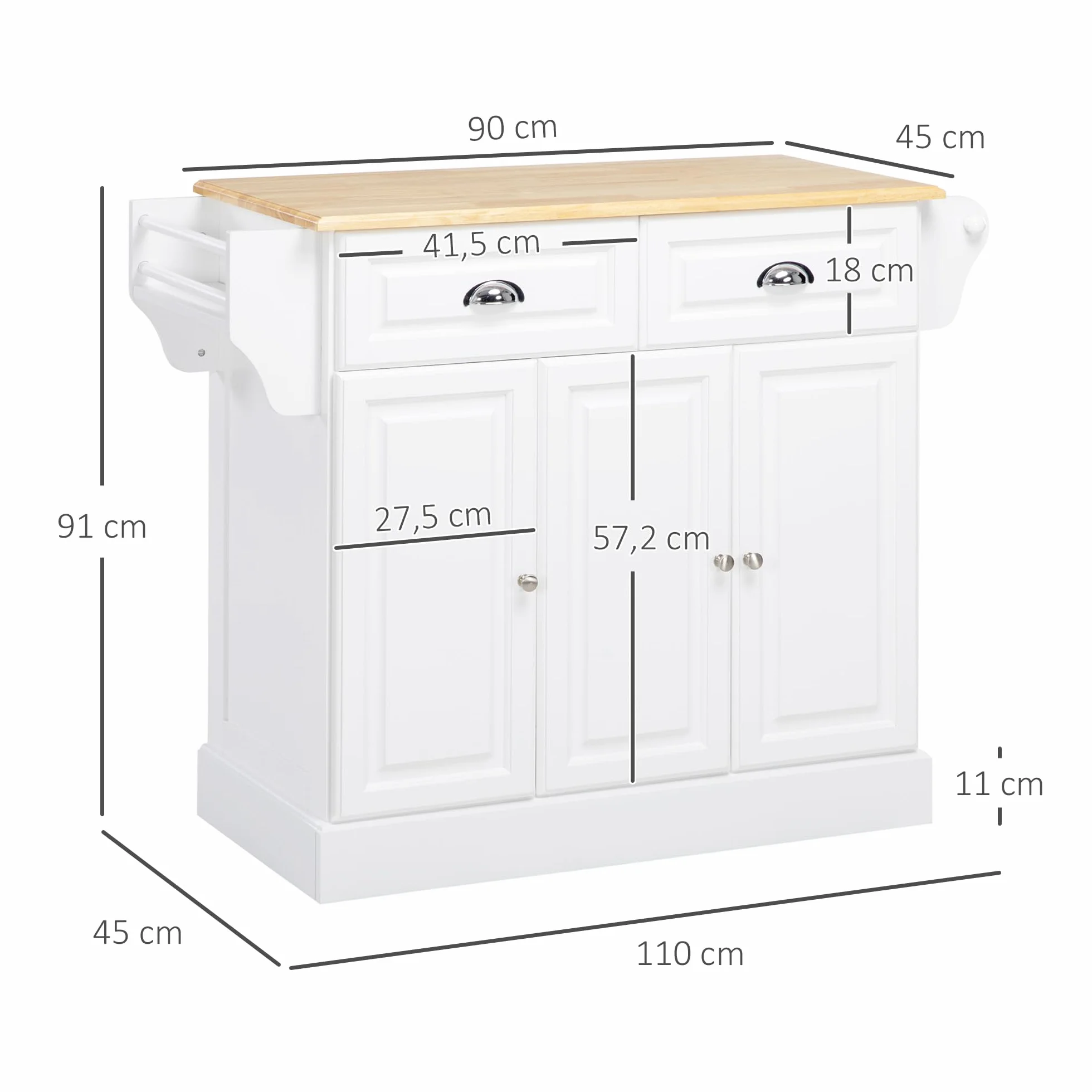 HOMCOM Isla de Cocina Carro de Cocina con Ruedas Carro Multiusos con 2 Cajones 3 Puertas Toallero y Estante para Especias para Comedor 110x45x91 cm Blanco