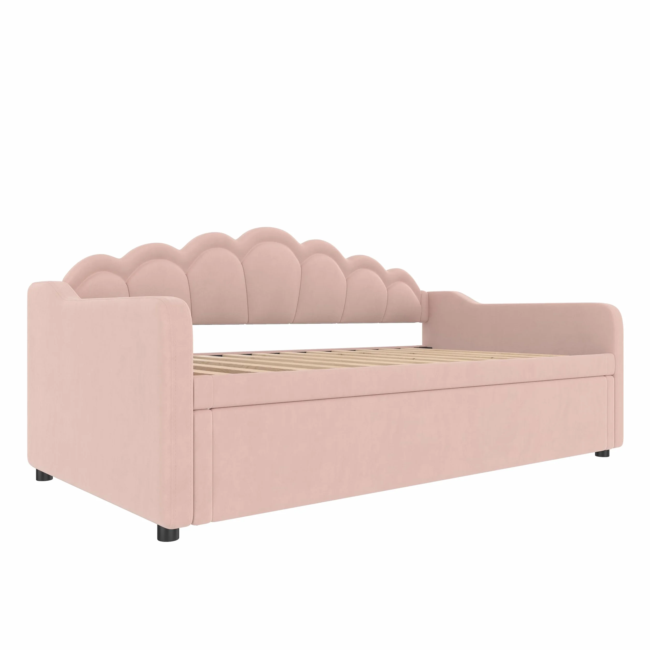 Lexiou Cama de día con cama nido, sofá cama, cama individual (sin colchón), cama doble, terciopelo, tira LED que cambia de color, 90 x 200 cm (180 x 200 cm) (rosa)