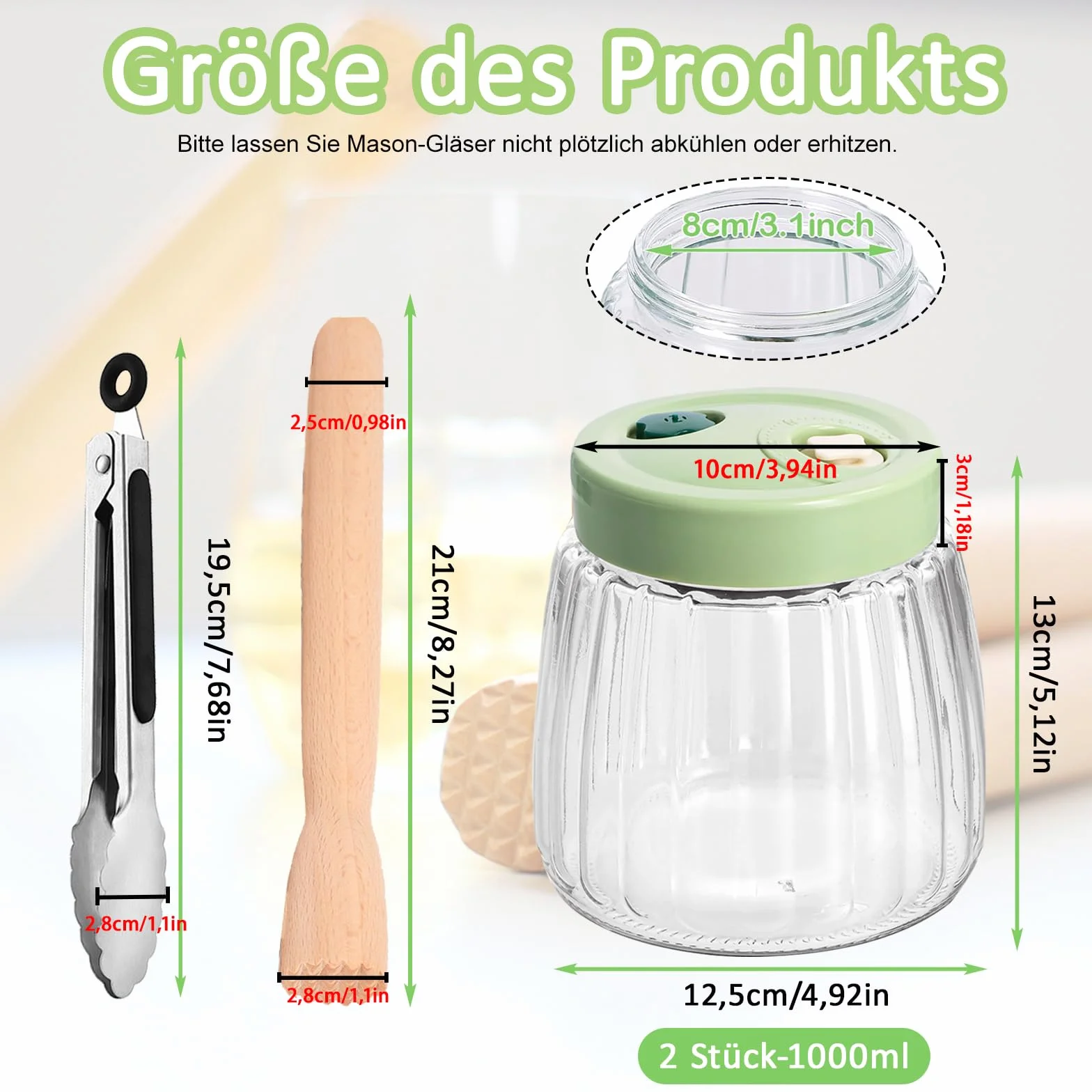 2 Tarros de Fermentación de Vidrio 1L con Doble Válvula, Fermentador Multiusos, con Pinzas y Machacador de Fermentación, Tarros de Conserva , Frascos Herméticos, para Kimchi, Chucrut, Mermeladas