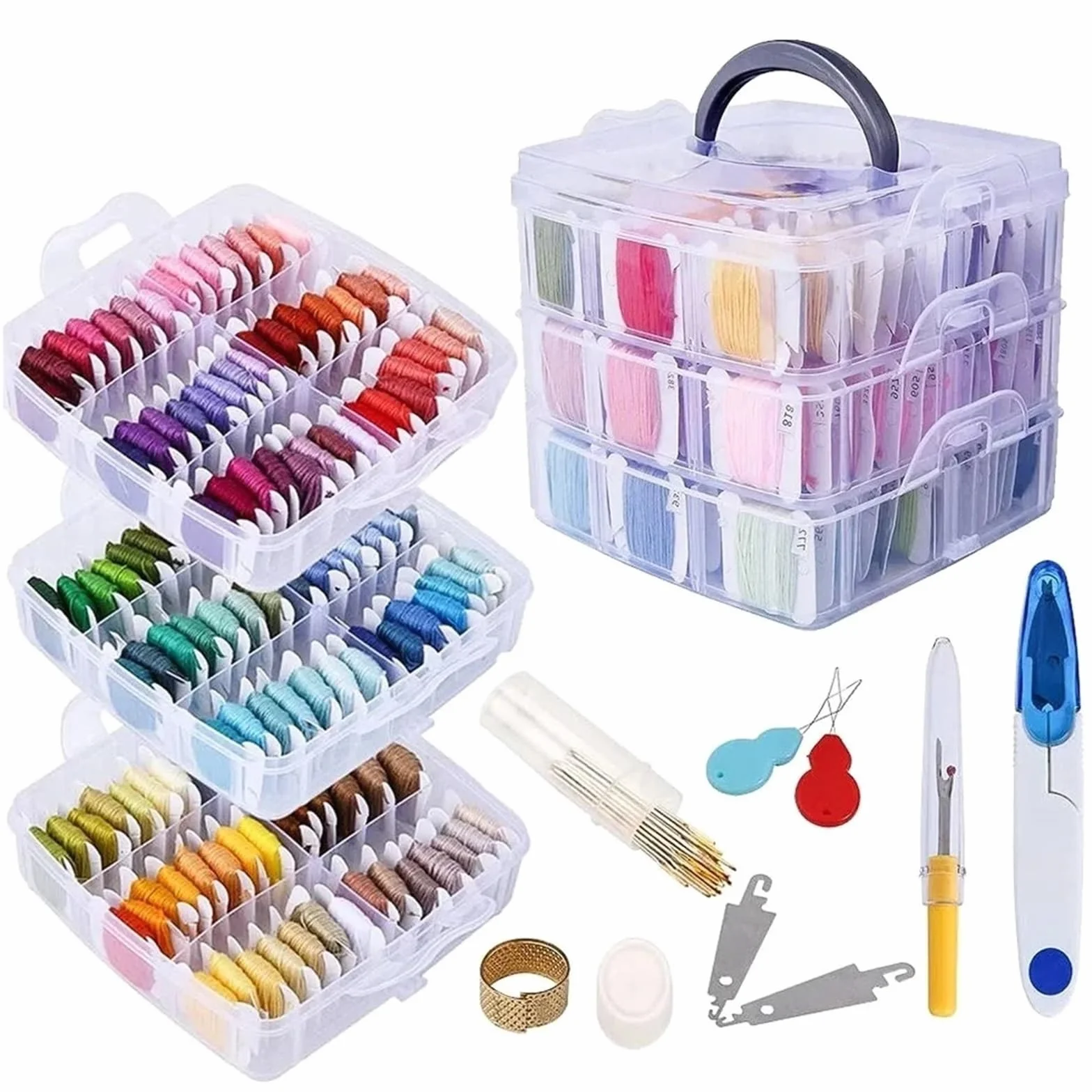 Kit de hilo de bordar, incluye 150 hilos de colores con caja de almacenamiento transparente de 3 niveles, herramientas de punto de cruz (200 colores con caja)