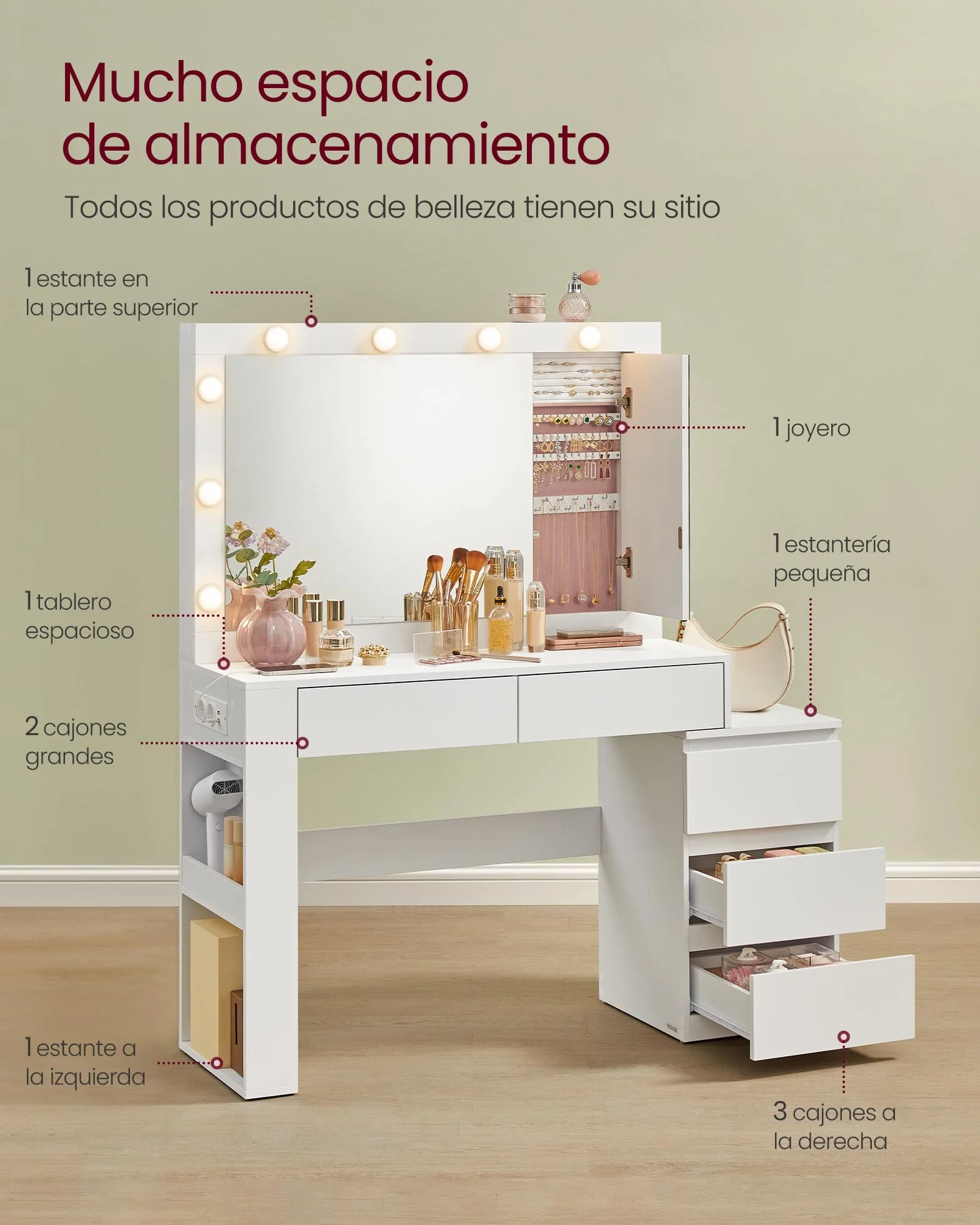 VASAGLE Tocador con Iluminación LED Mesa de Maquillaje 40x125x140 cm Blanco Nube