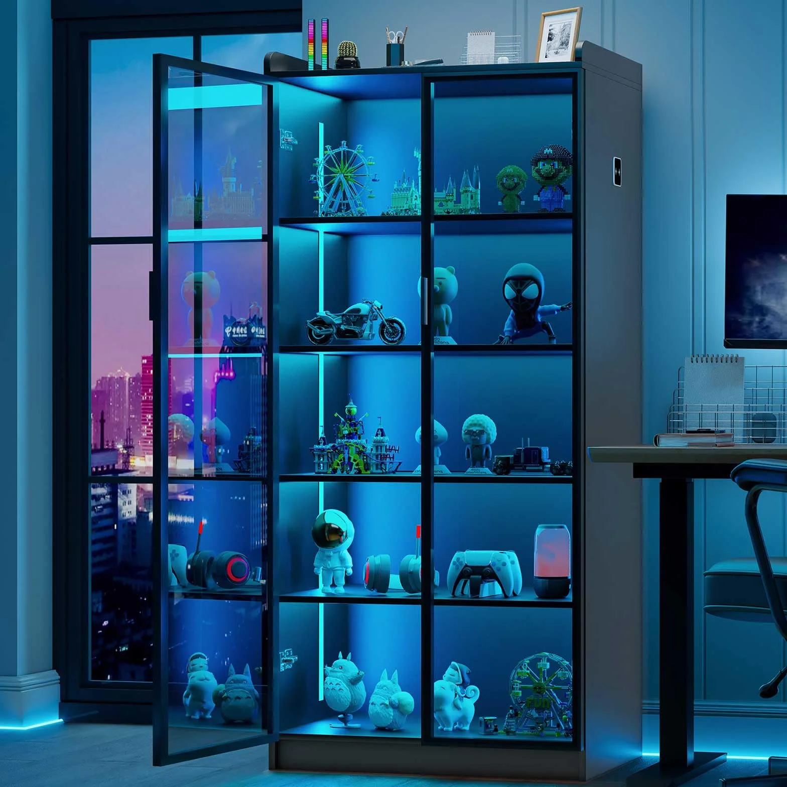 Lvifur Vitrina LED Buffet, aparador, 35 × 70 × 165 cm, armario inteligente RGB 20 colores, aparador regulable, con sensor inteligente, cómoda para salón (negro)