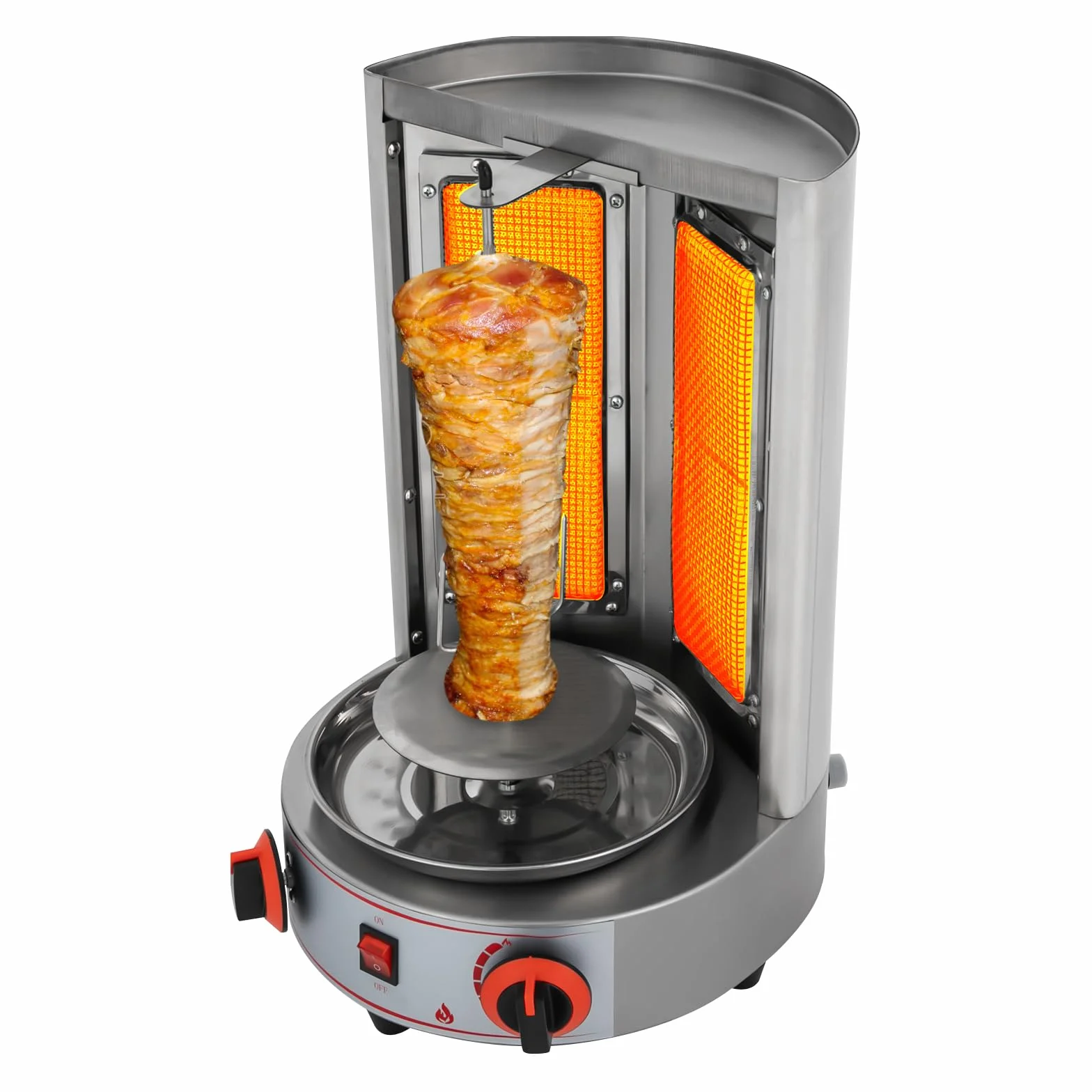 Shawarma asador vertical 360° acero inoxidable con dos interruptores térmicos ajustables