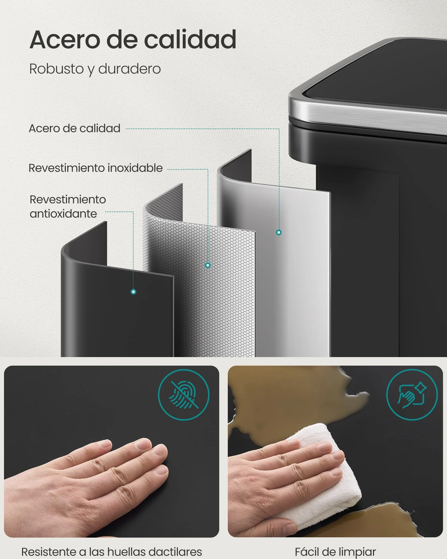 SONGMICS Cubo de Basura 50 L, con 15 Bolsas de Basura, Acero, Bolsa de Plástico Extraíble, con Tapa, Asas, Cierre Suave, Negro Tinta LTB595B02