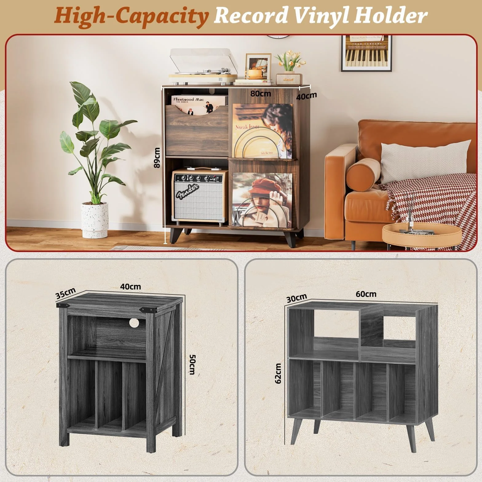 Mueble Tocadiscos con Estante para Vinilos y 2 Cajones – Mesa Auxiliar de Madera, Compatible con Todos los Tocadiscos y Altavoces
