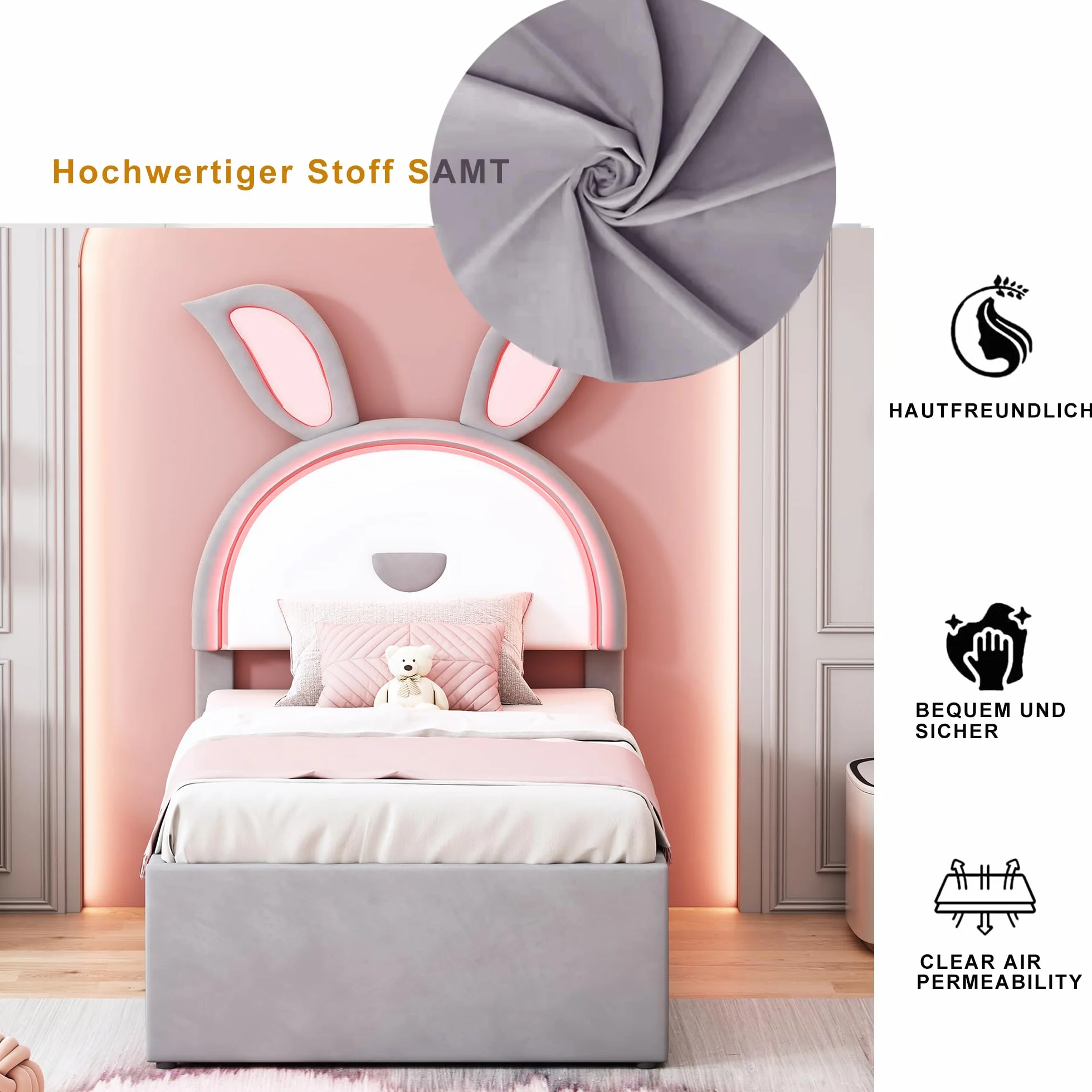 Azkoeesy Cama Infantil tapizada con Cama Nido y 3 cajones, con iluminación LED, diseño de Orejas de Conejo de Dibujos Animados, para 2 niños y niña, Funda de Terciopelo, 90x200 cm + 90x190 cm, Gris