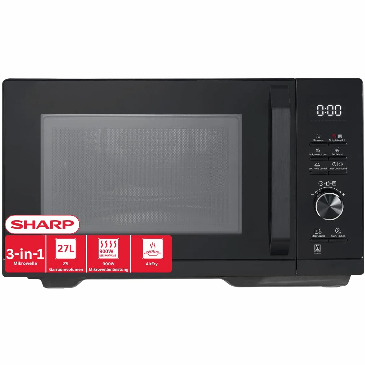Sharp Microondas Airfry 5 en 1 RCA271TB 900 W, parrilla de 1000 W, aire caliente y función AirFry, convección 2100 W, 27 l, 28 descongelación automática, descongelación controlada por peso y tiempo