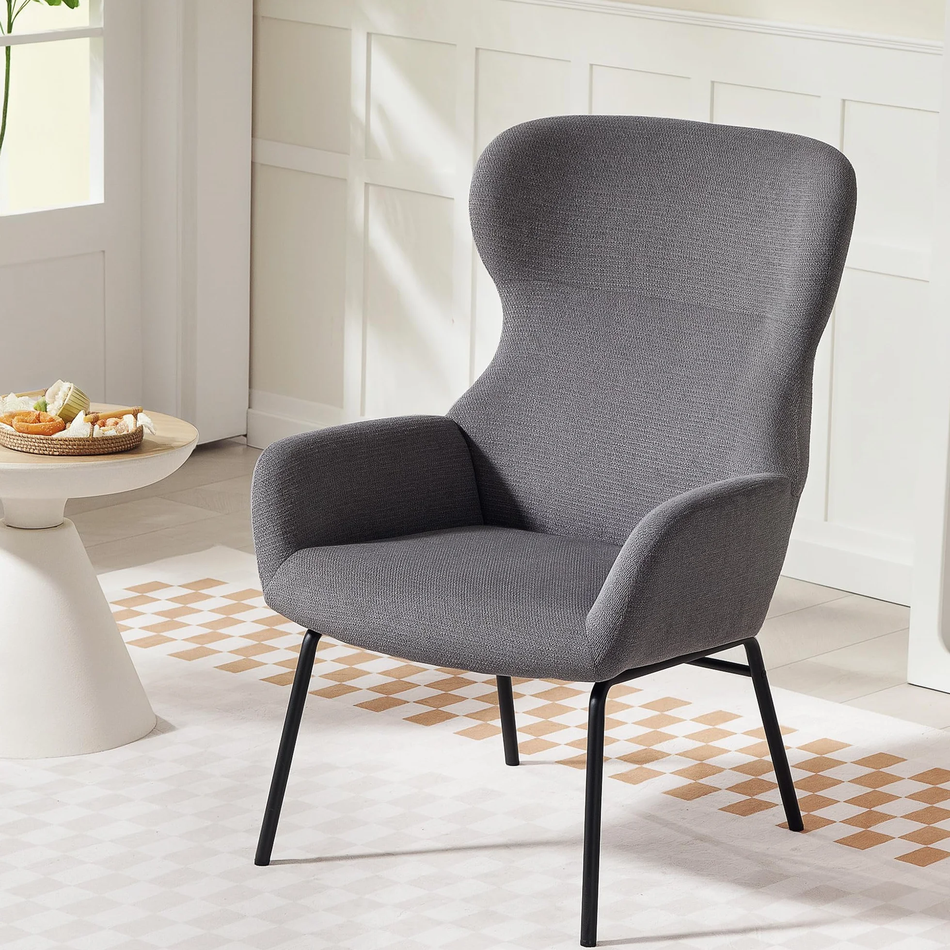 HOMCOM Sillón con Patas de Acero, Respaldo Alto, con Aspecto de Lino, para Dormitorio, Color Gris Oscuro