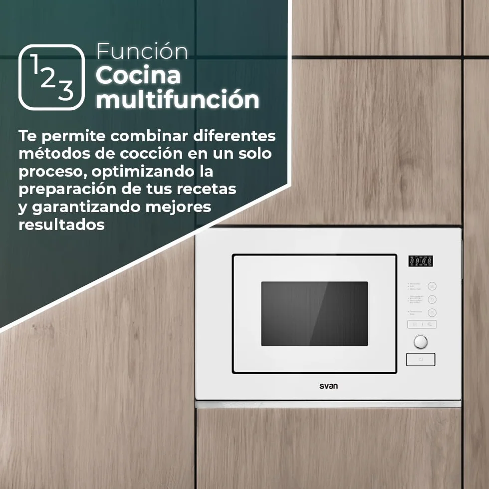 Svan Microondas 20 Litros Integrable con Grill Blanco SMWI2800DGB. 800W, Grill 1000W, 8 Programas, Modo Descongelación, Revestimiento Interior, Fácil Limpieza, Temporizador 95min.