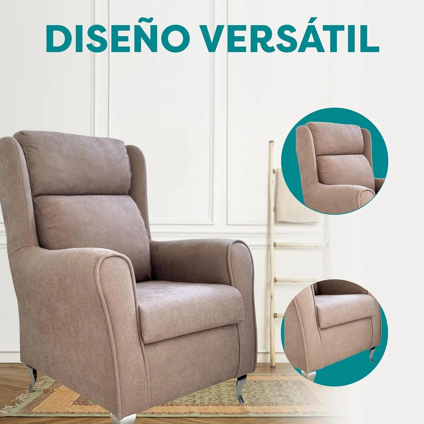 HOME&SOFAS SI | Sillón Lectura Cómodo para Salón o Sala de Estar | Con Respaldo Desenfundable | Butacas de Salón para Sala de Estar | Sillón de Descanso | Butaca con Respaldo y Patas Metálicas