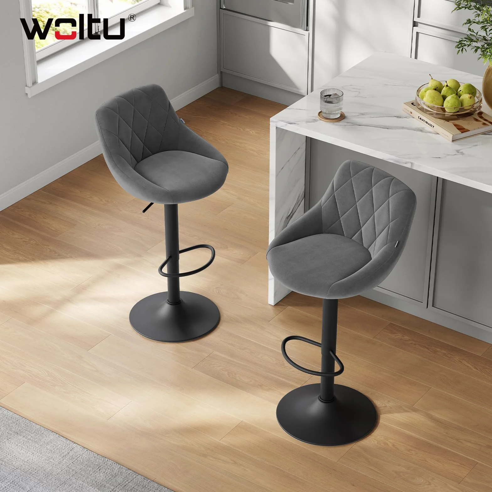 WOLTU 2X Taburete de Bar con Respaldo Terciopelo Regulable en Altura Gris Oscuro