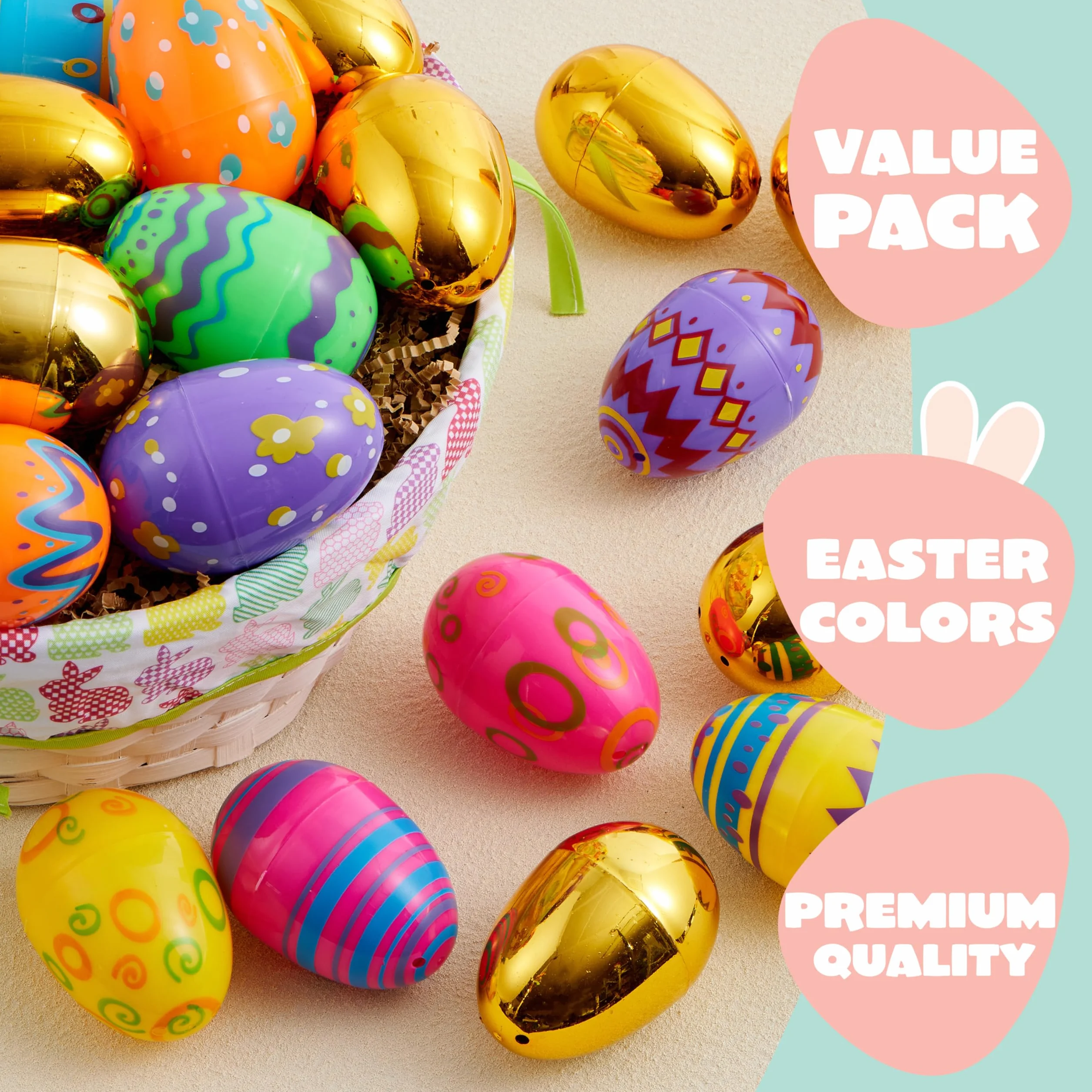 JOYIN 44 huevos impresos de Pascua de plástico 3.15 pulgadas rellenables para búsqueda