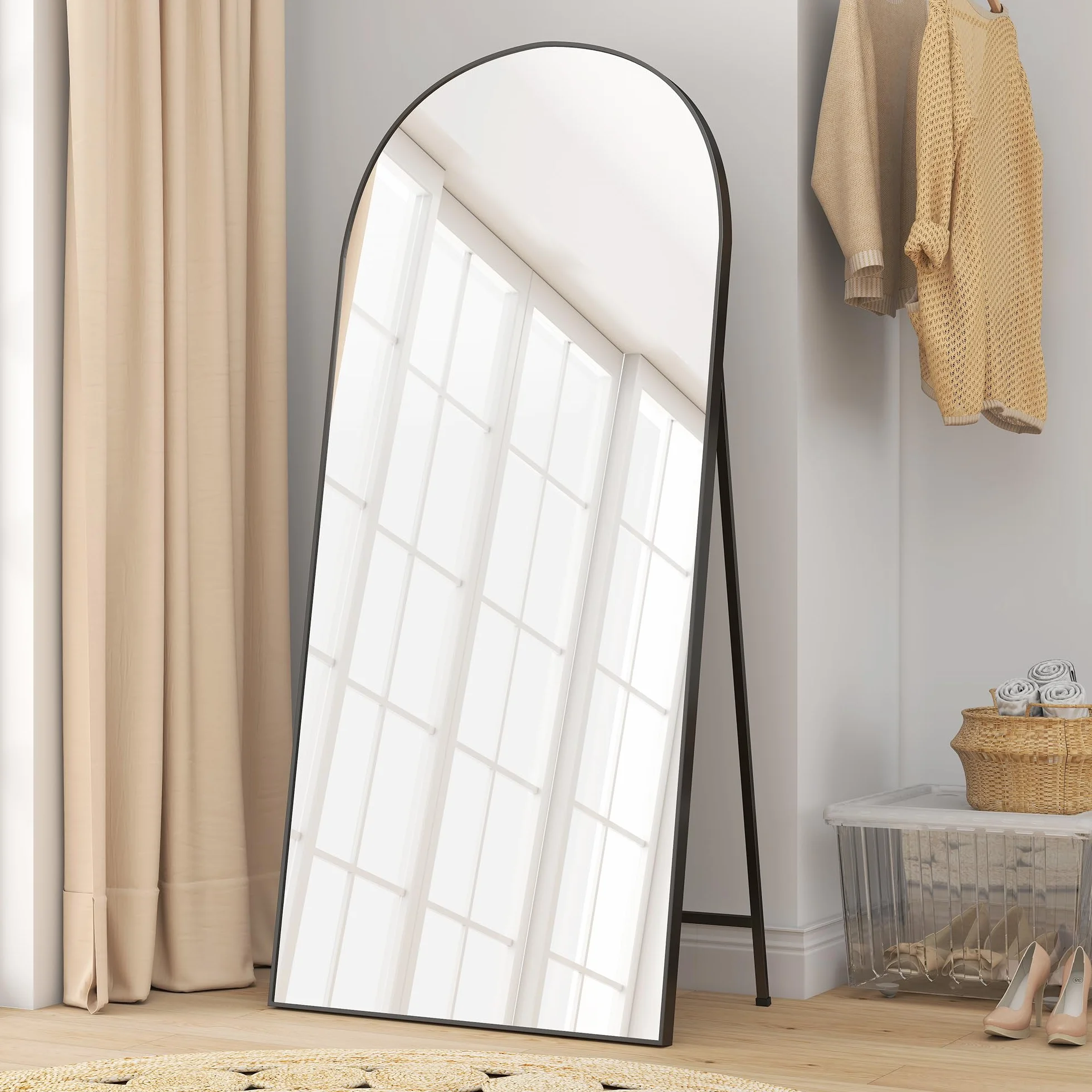 HOMCOM Espejo de Cuerpo Entero, 180x80 cm, Espejo de Pie Arqueado, Marco de Aluminio Negro, Independiente, Apoyado y de Pared, para Dormitorio, Salón