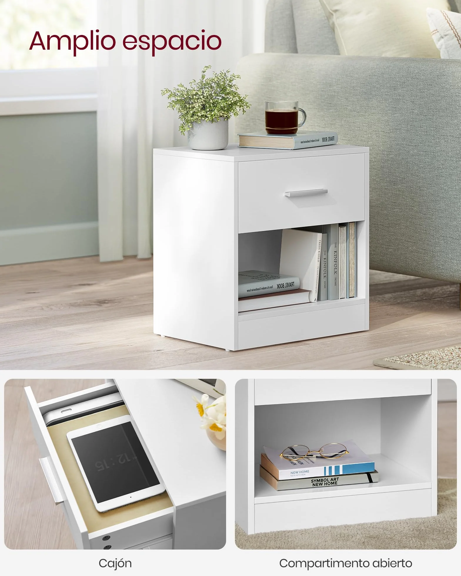 VASAGLE Mesita de Noche, Mesa Auxiliar con Cajón, Asa, Compartimento Abierto, para Dormitorio, Salón, Blanco Nube LET619T14