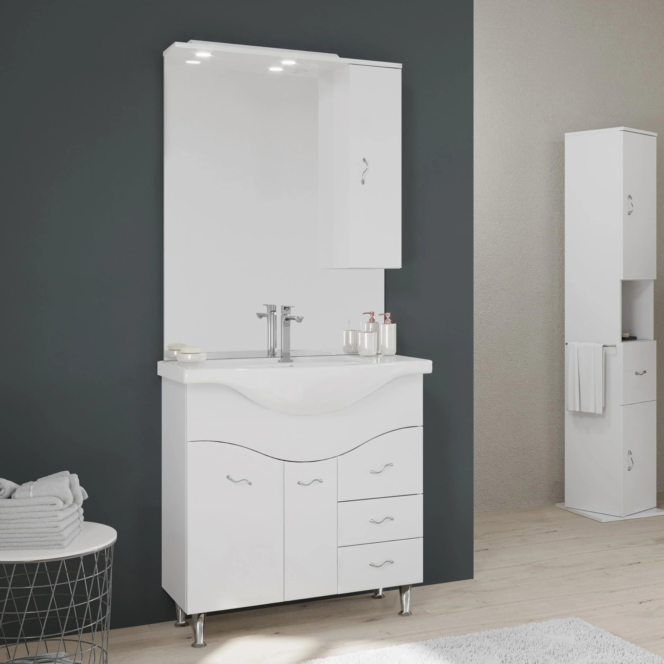Kiamami Valentina - Mueble de baño de 85 cm en el Suelo con Lavabo, Espejo y Armario Colgante en Color Blanco.